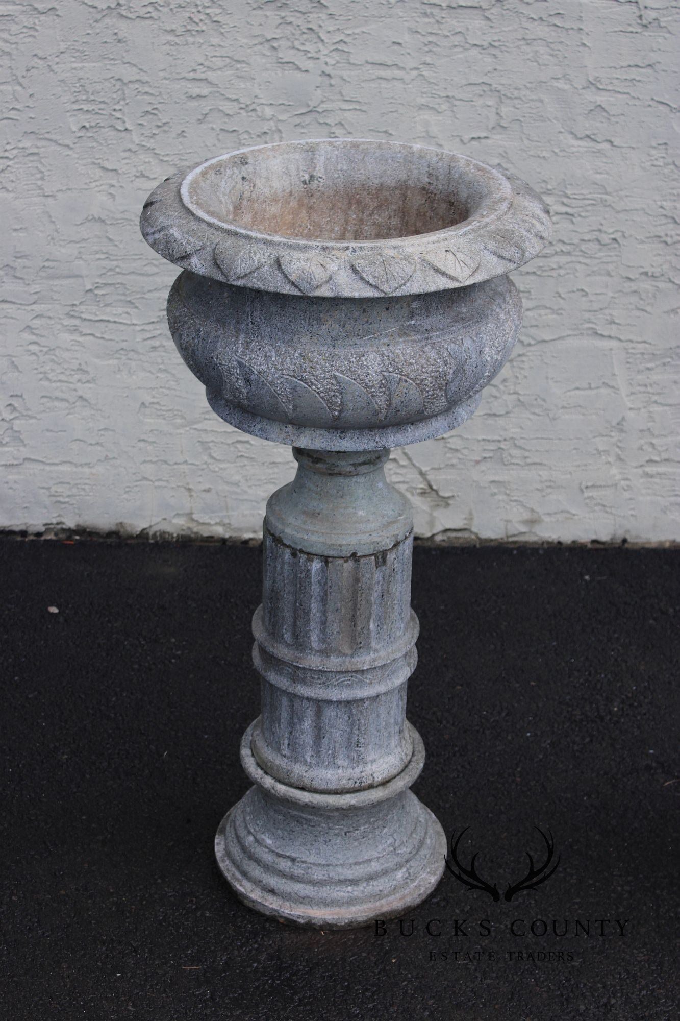 Vintage Pair Of Carved Granite Three-Piece Garden Urns On Pedestals