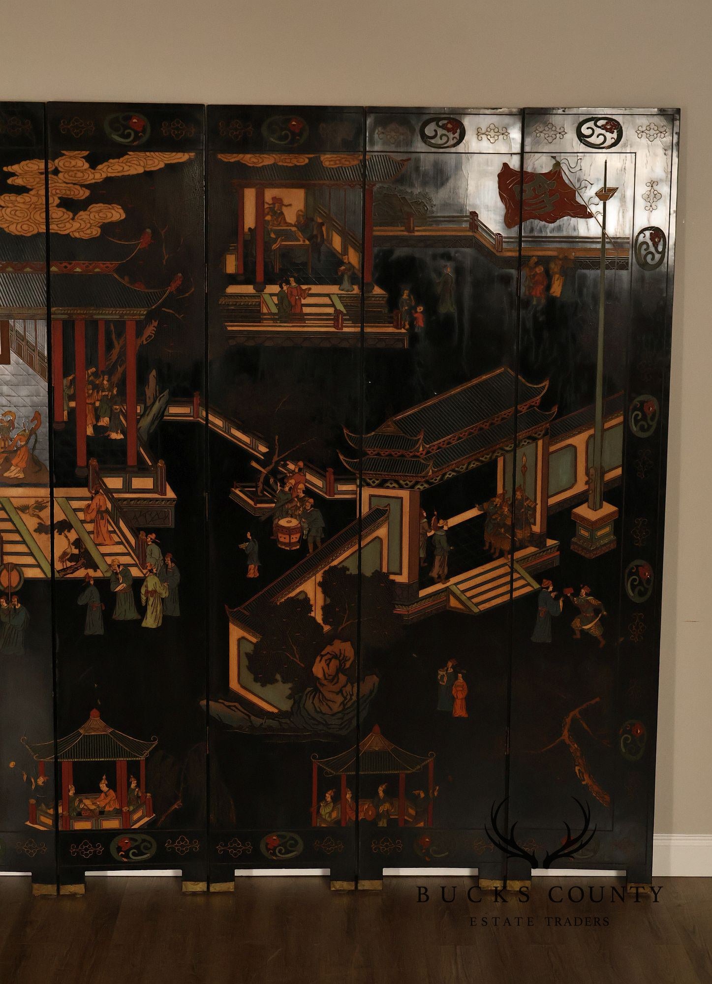 Chinese Coromandel Style Pair Of Eight Panel Folding Screens