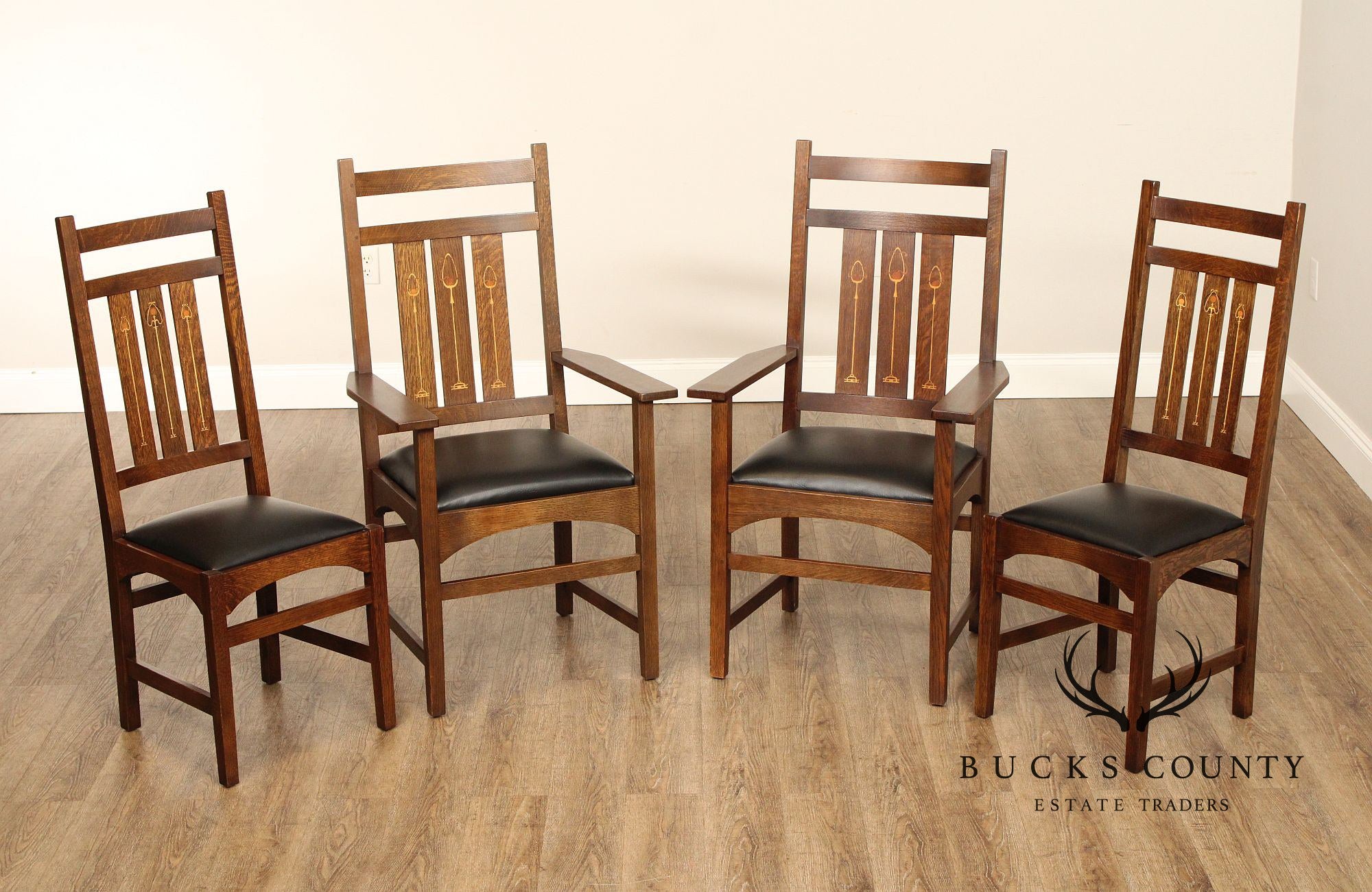 Stickley Mission Collection Set of Four Harvey Ellis Inlaid Oak Dining Chairs