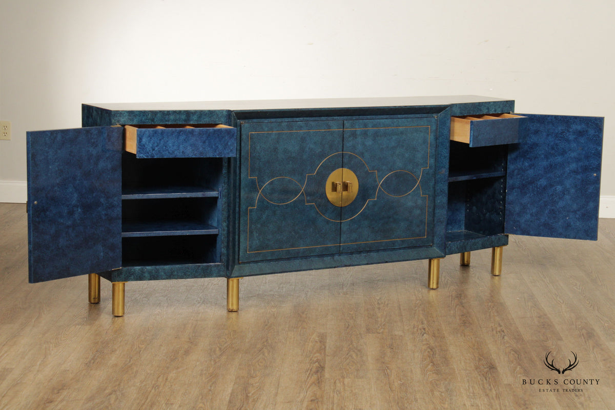 Hollywood Regency Blue Lacquered and Brass Sideboard
