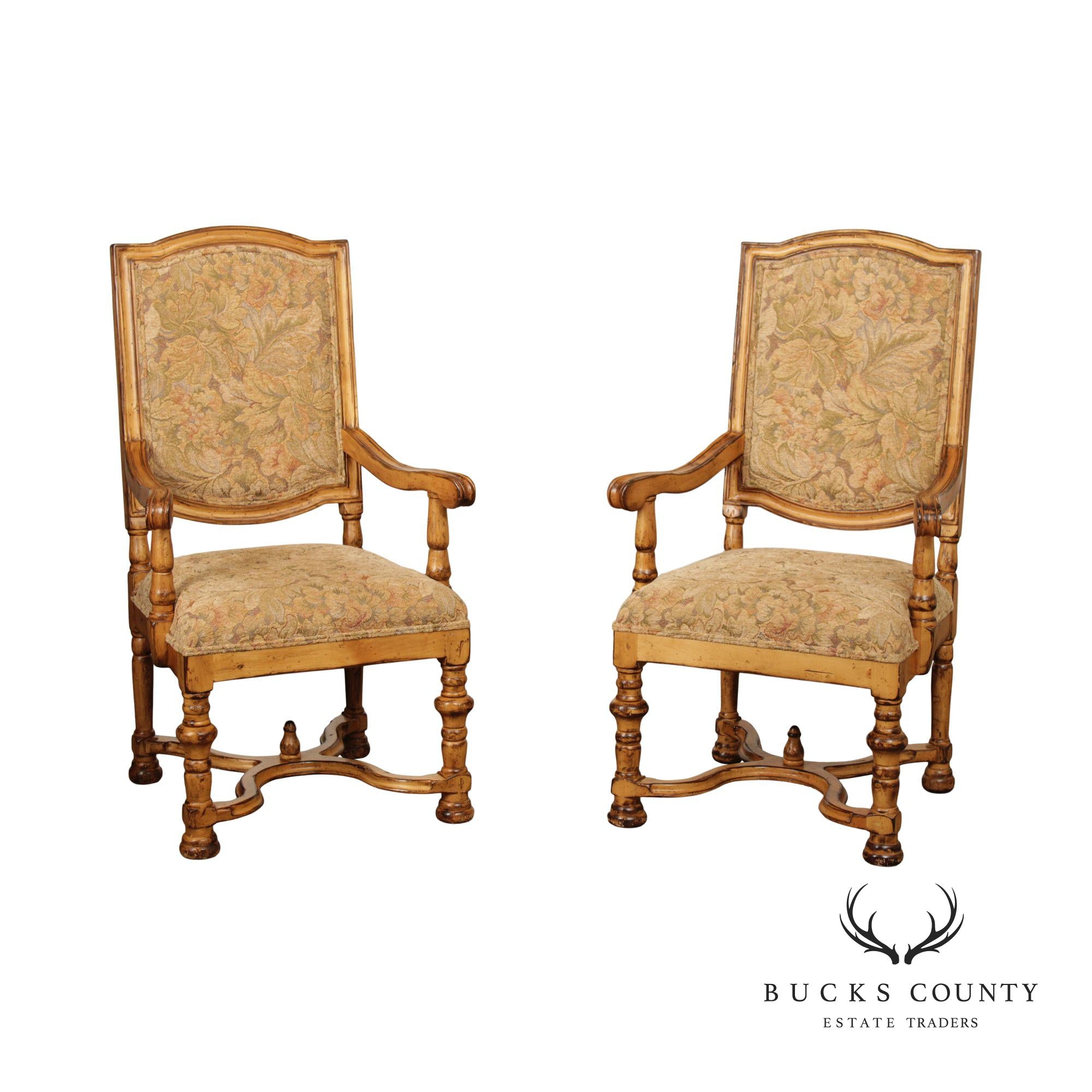 French Louis XIV Style Pair of Carved Frame Fauteuil Armchairs