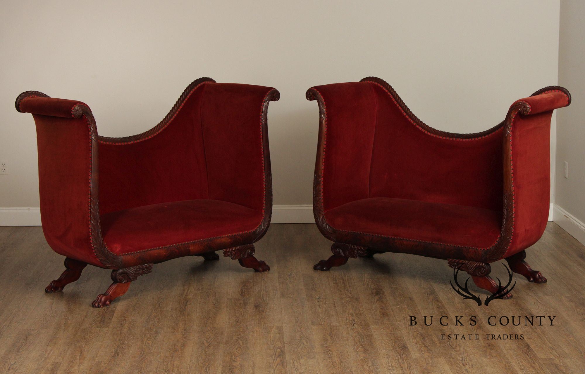 Antique Pair of Classical Empire Carved Mahogany Settees