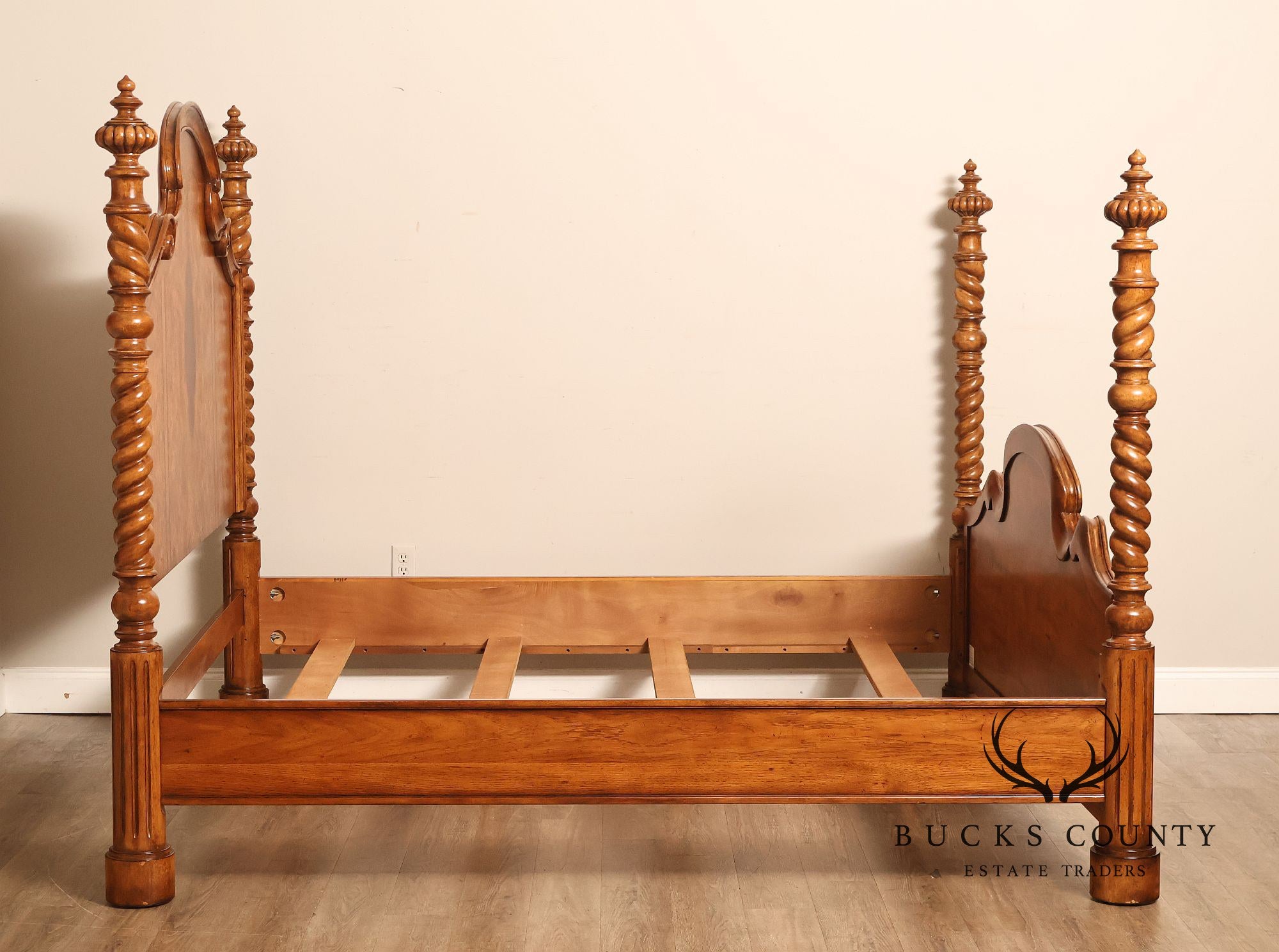 Drexel Heritage Venetian Collection Bookmatched Burl Wood King Four Poster Bed