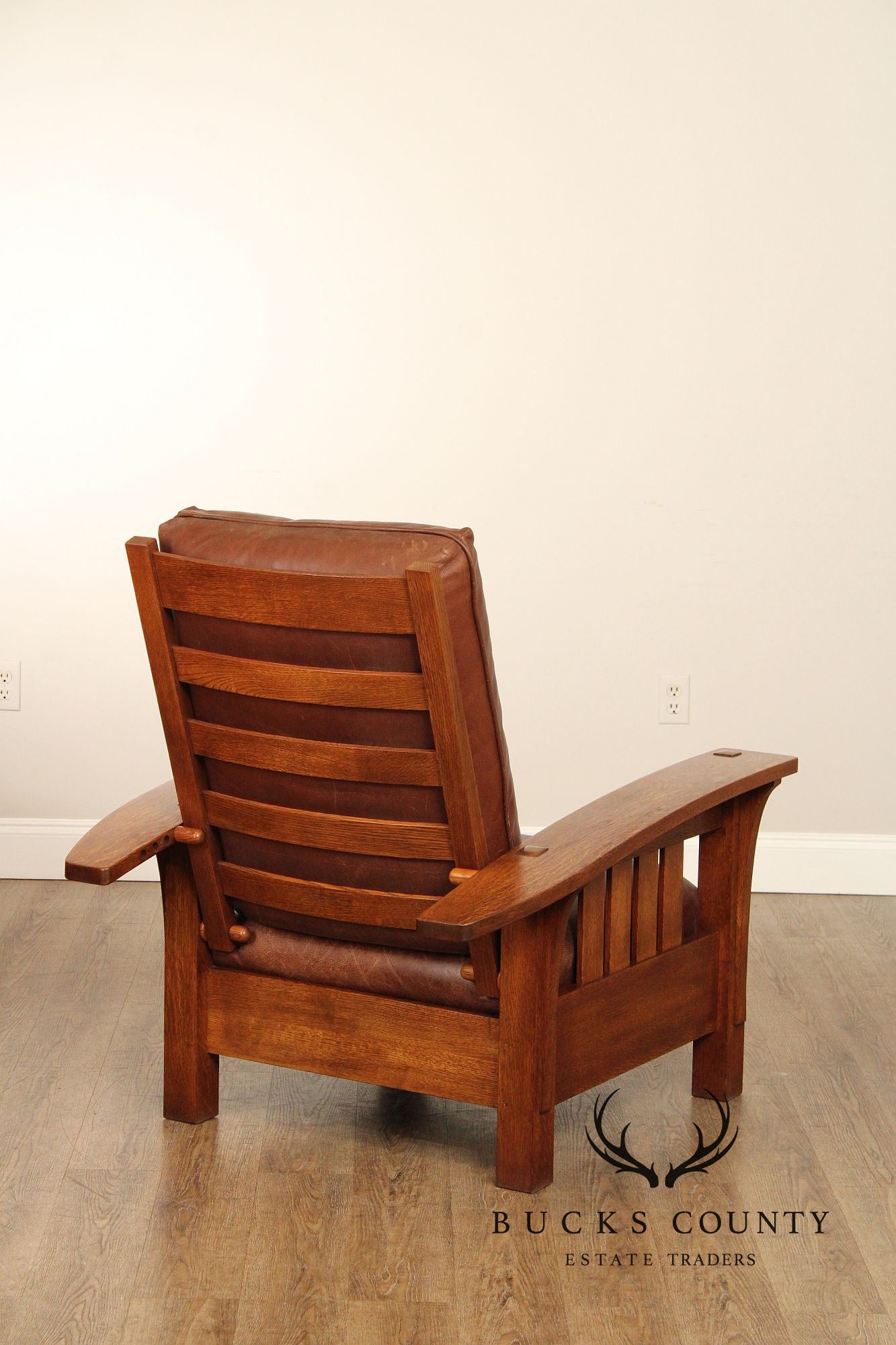 Stickley Mission Collection Oak and Leather Bow Arm Morris Chair