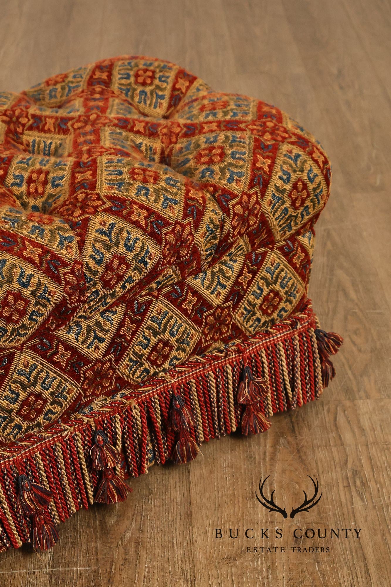 Pair of Tufted Upholstered Tassel Fringe Footstools Ottomans