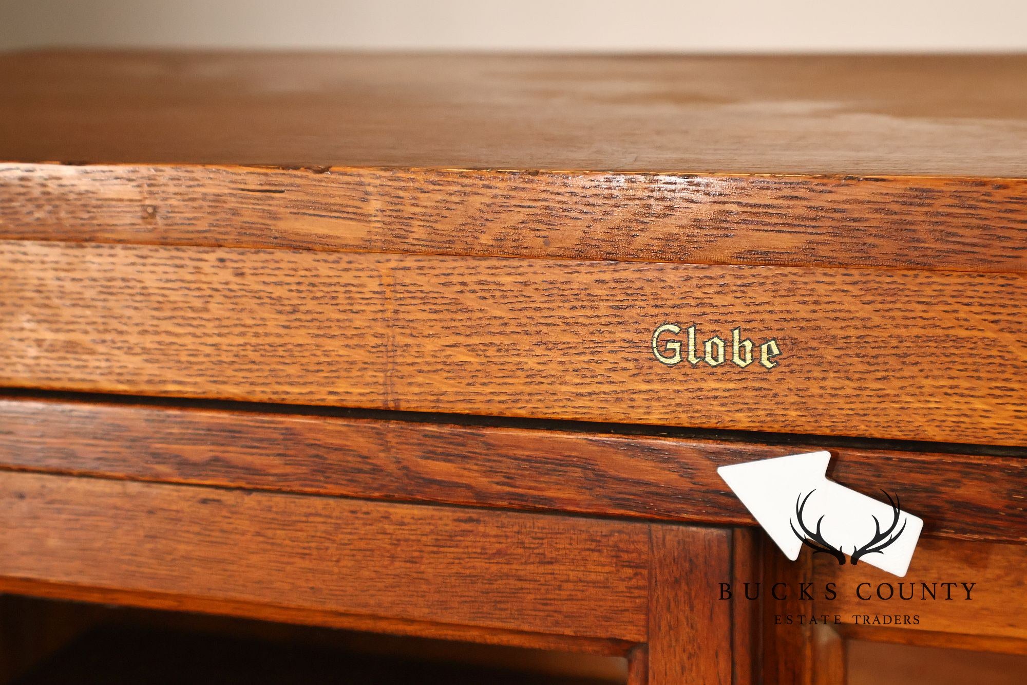 Globe Oak Sectional Bookcase Cabinet With Sliding Glass Doors And Drawers