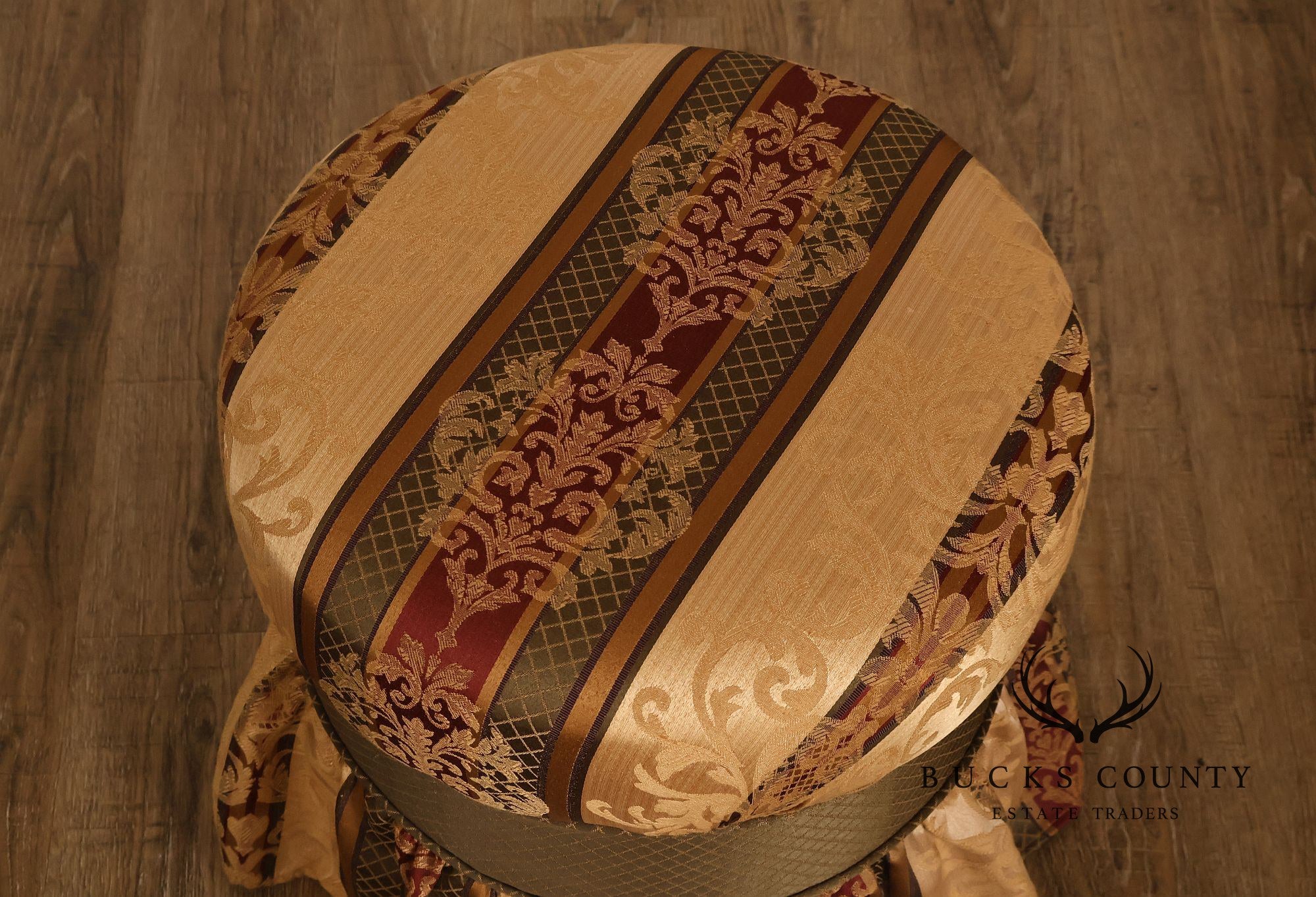 Pair Of Traditional Upholstered Skirted Round Ottomans