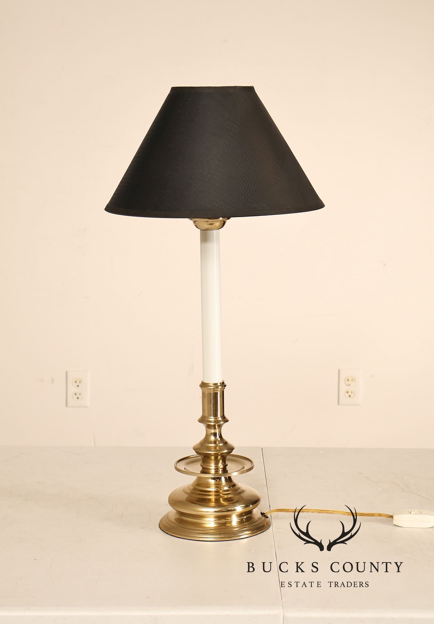 Pair of Brass Candlestick Style Table Lamps with Black Faux Alligator Shades