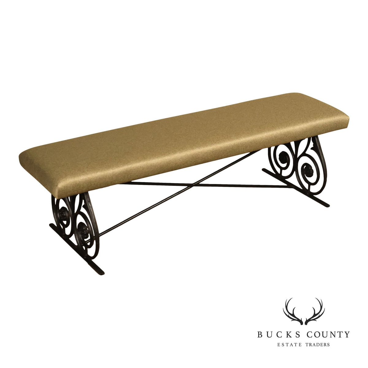 Vintage Wrought Iron Scrollwork Upholstered Bench