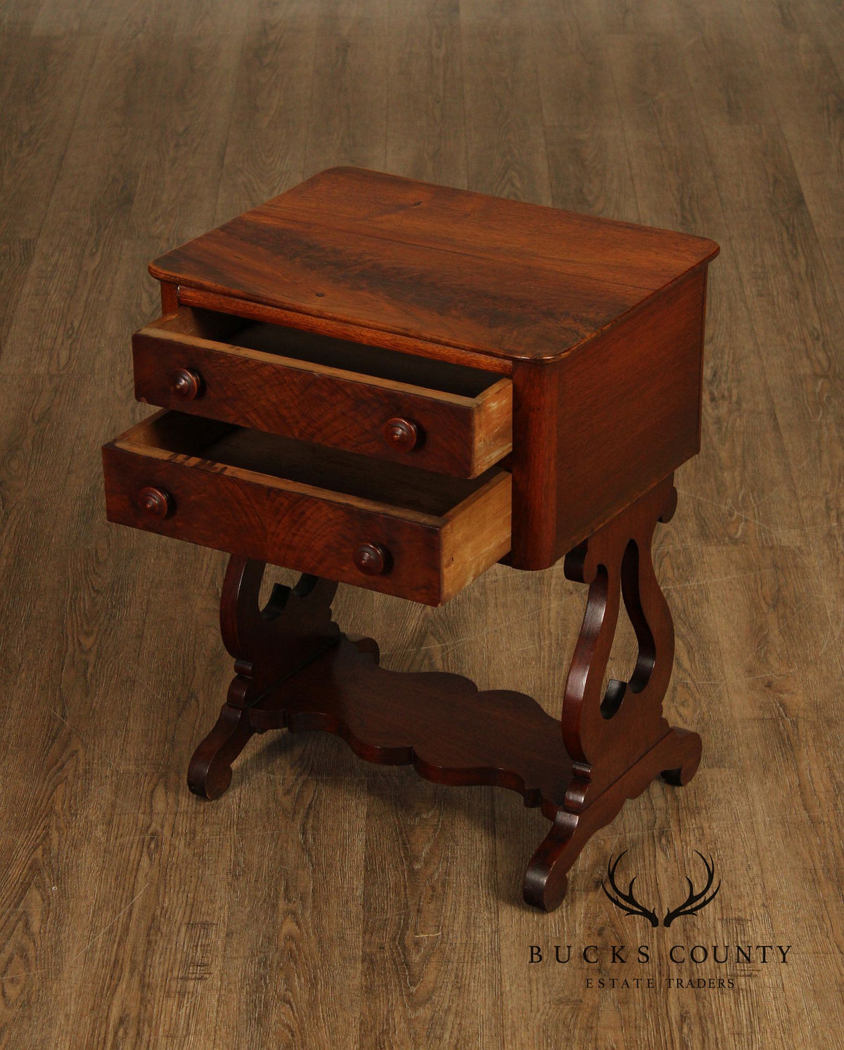 Antique American Empire Mahogany Lyre Form Two-Drawer Work Table