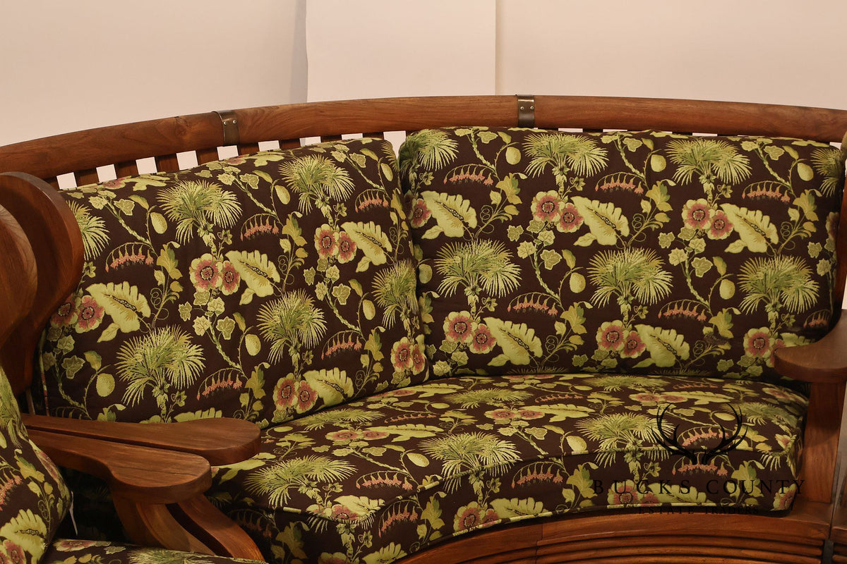 Curved Teak Modular Sofa With Floral Upholstery