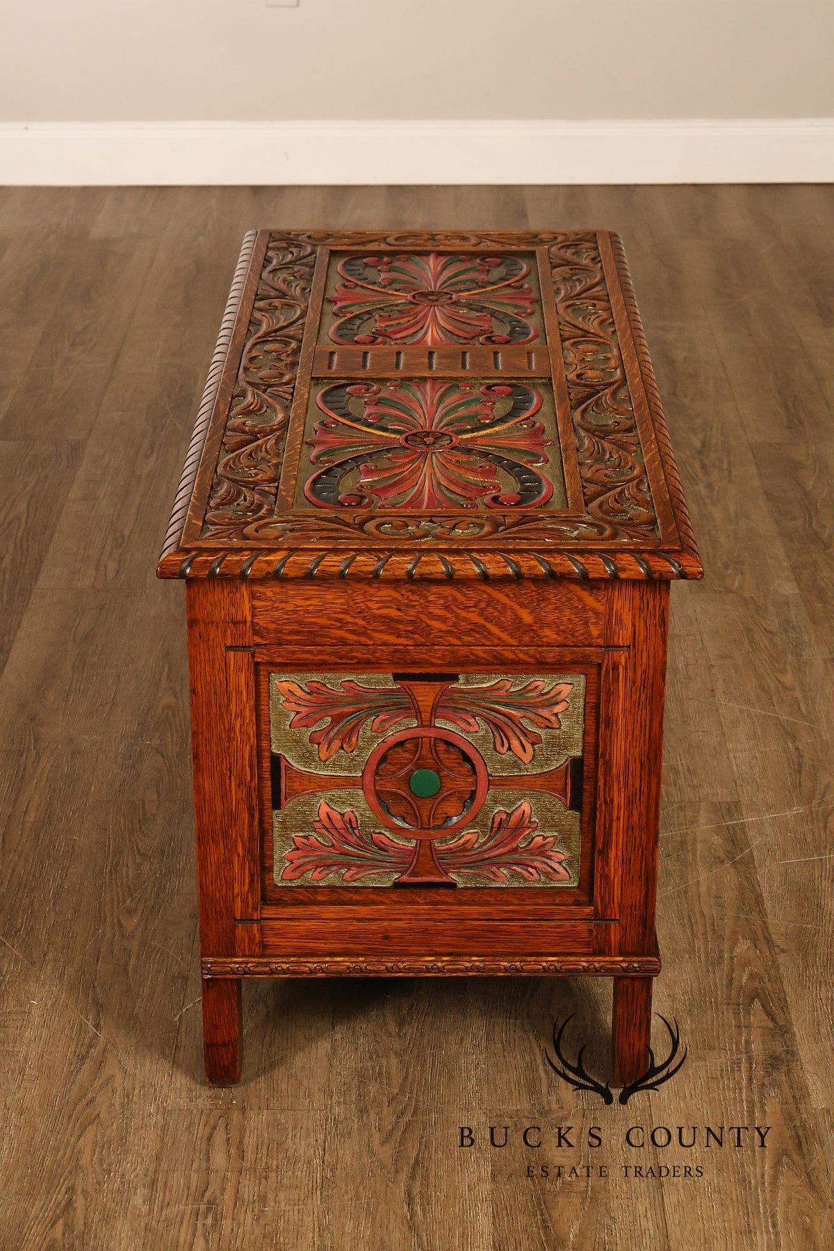 Berkey & Gay Carved And Painted Oak Spanish Revival Storage Chest
