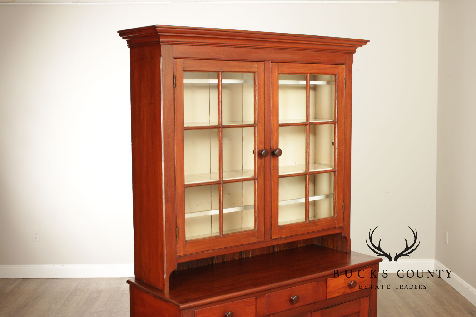 Antique American Cherry Dutch Cupboard Two Piece Hutch Cabinet