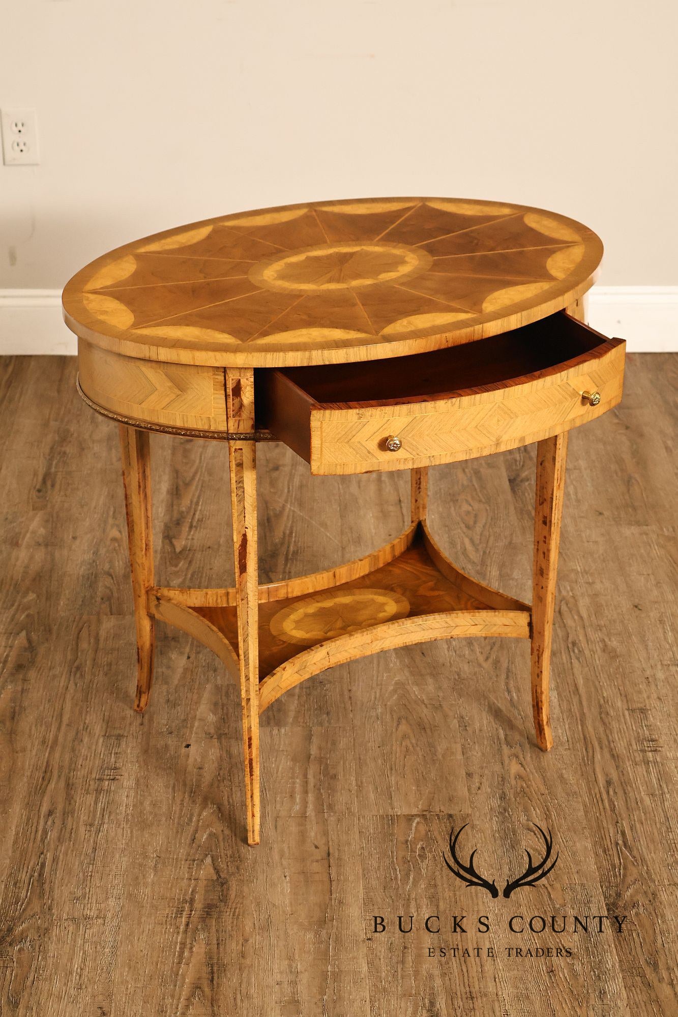 Maitland Smith Two-Tier Mixed Wood Sunburst Occasional Table