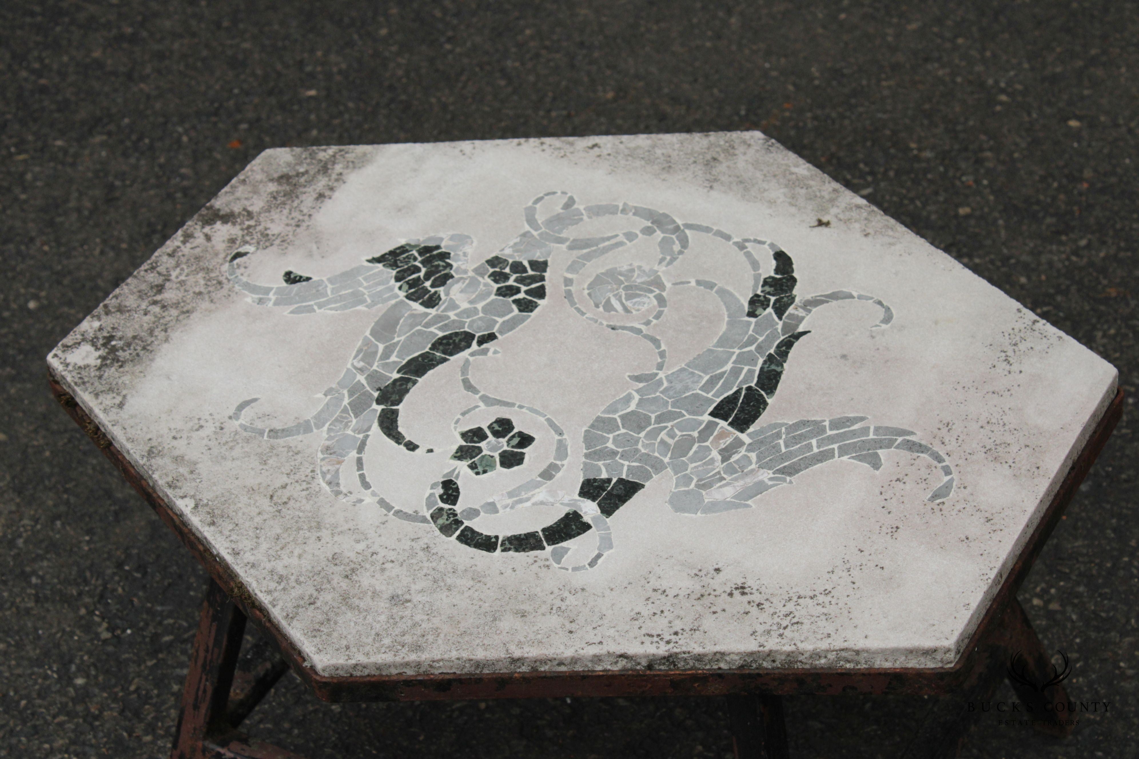 Vintage Iron and Mosaic Stone Outdoor Garden Side Table