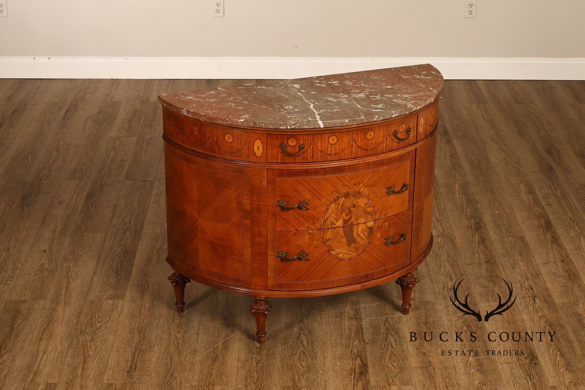 Antique French Louis XVI Neoclassical Inlaid Demilune Marble Top Commode