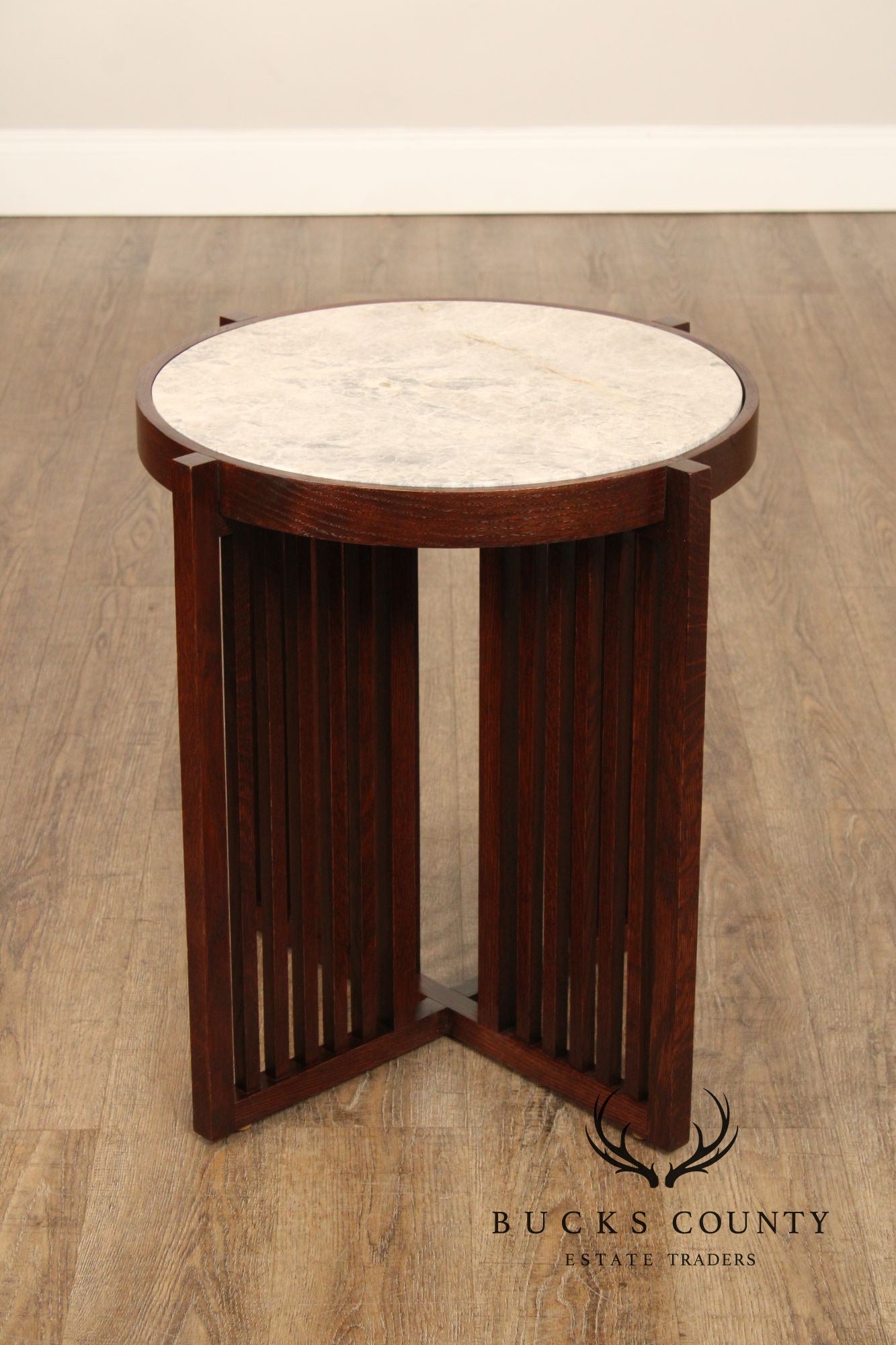 Stickley Park Slope Collection Round Marble Top Oak End Table