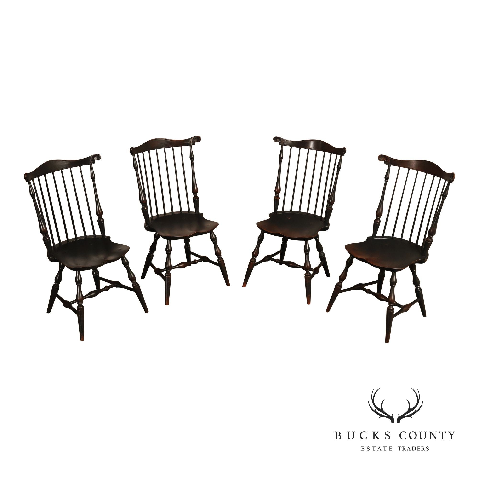 Custom Set Of Four Black Over Red Painted Fan Back Windsor Dining Chairs