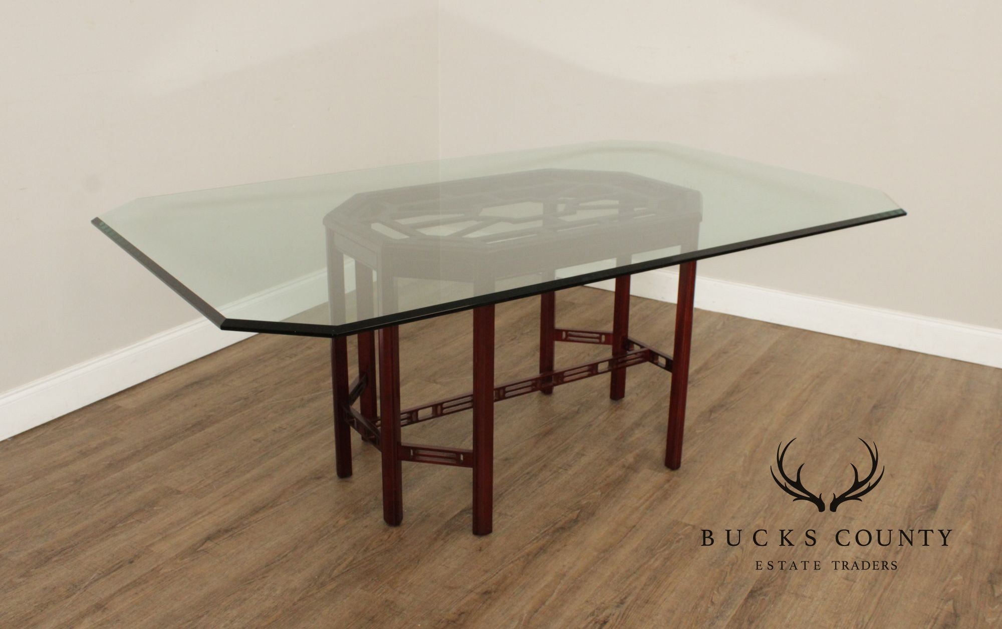 Chinese Chippendale Style Glass Top Mahogany Dining Table