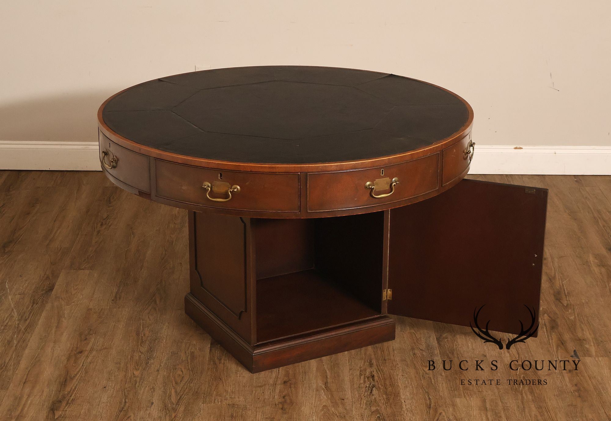 Kittinger Leather Top Round Rent Table With Drawers T295