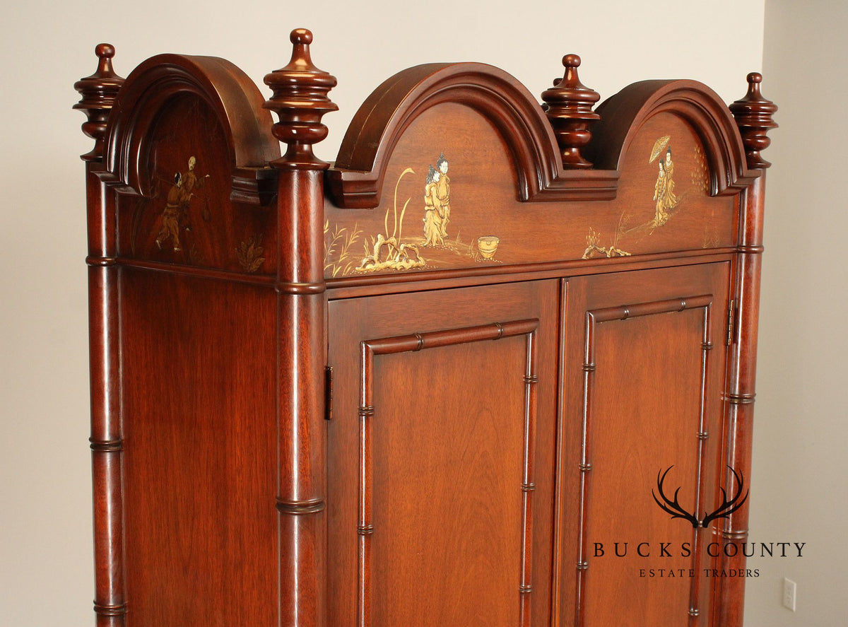 Chinoiserie Style Mahogany Gentleman's Armoire With Faux Bamboo Moldings and Painted Panels