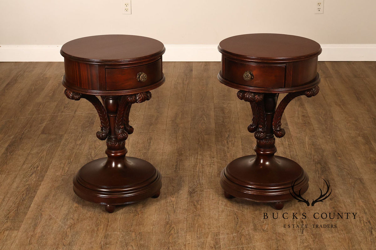 Carved Mahogany Pair Of Round Pedestal End Tables With A Drawer