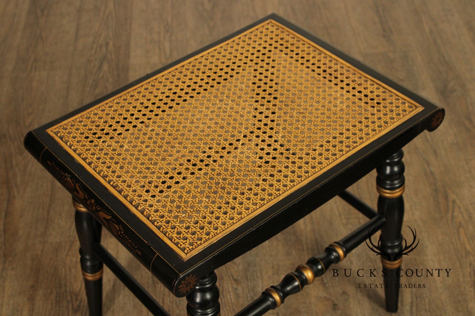 Pair Of L. Hitchcock Black And Gold Hand Stenciled Caned Benches