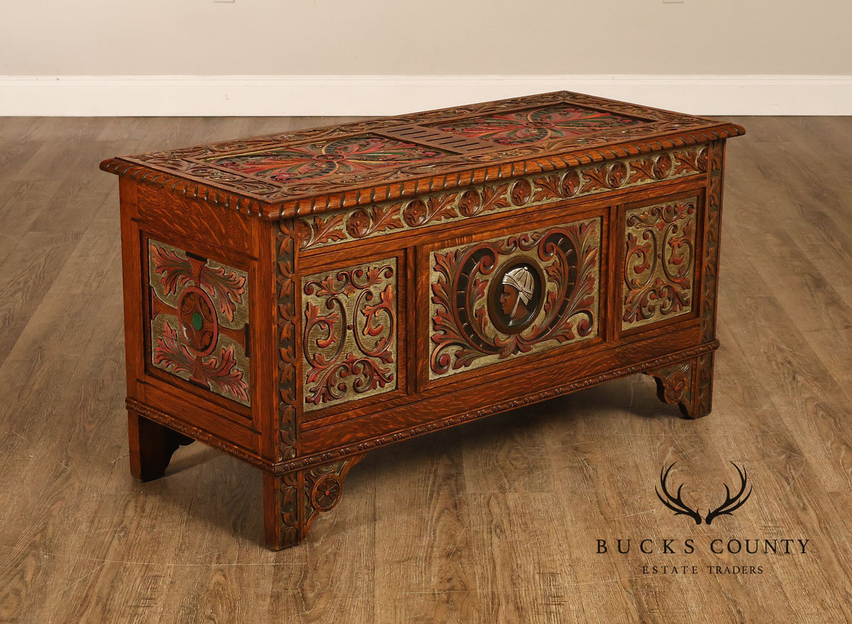 Berkey & Gay Carved And Painted Oak Spanish Revival Storage Chest