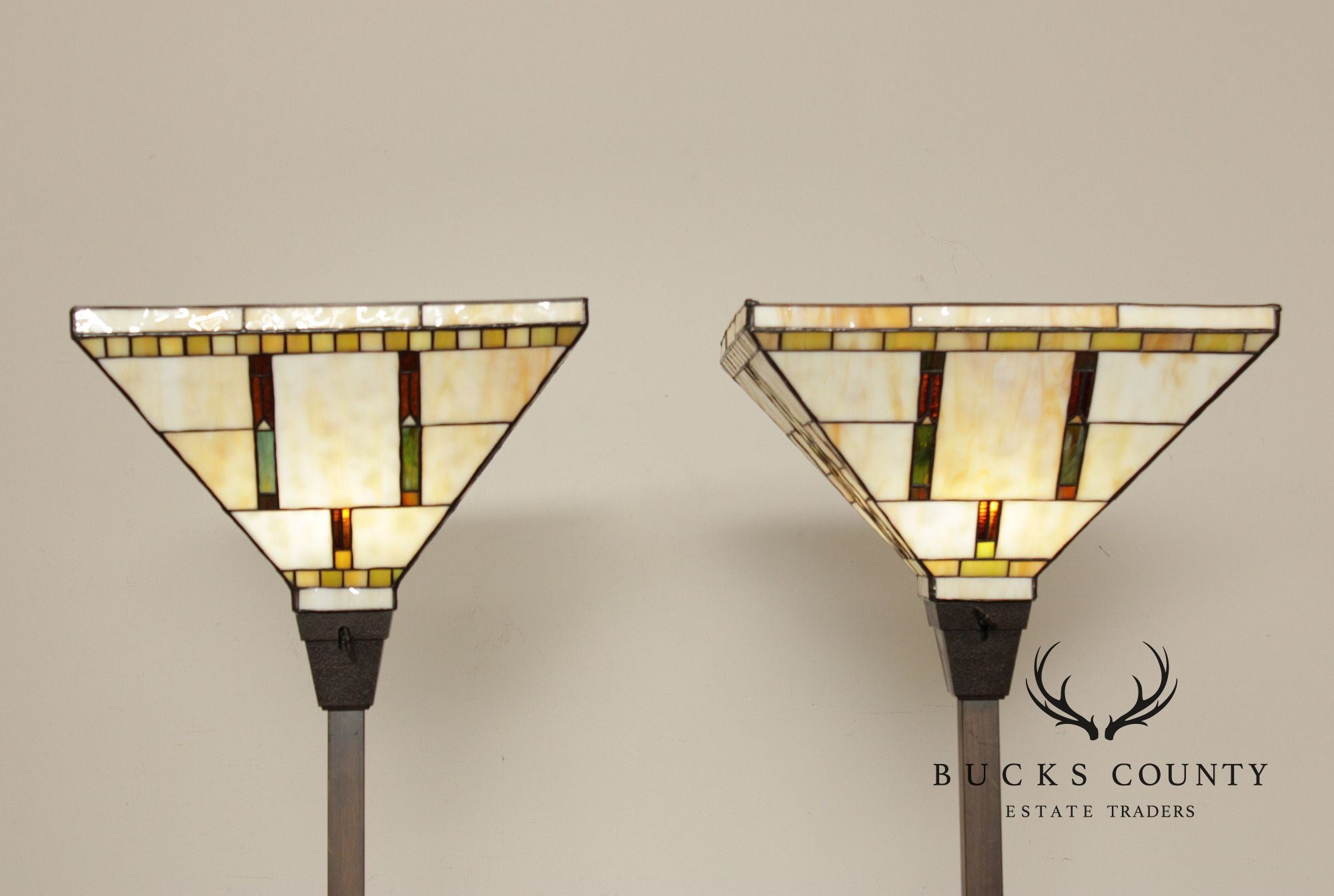 Mission Style Pair of Stained Glass Floor Lamps