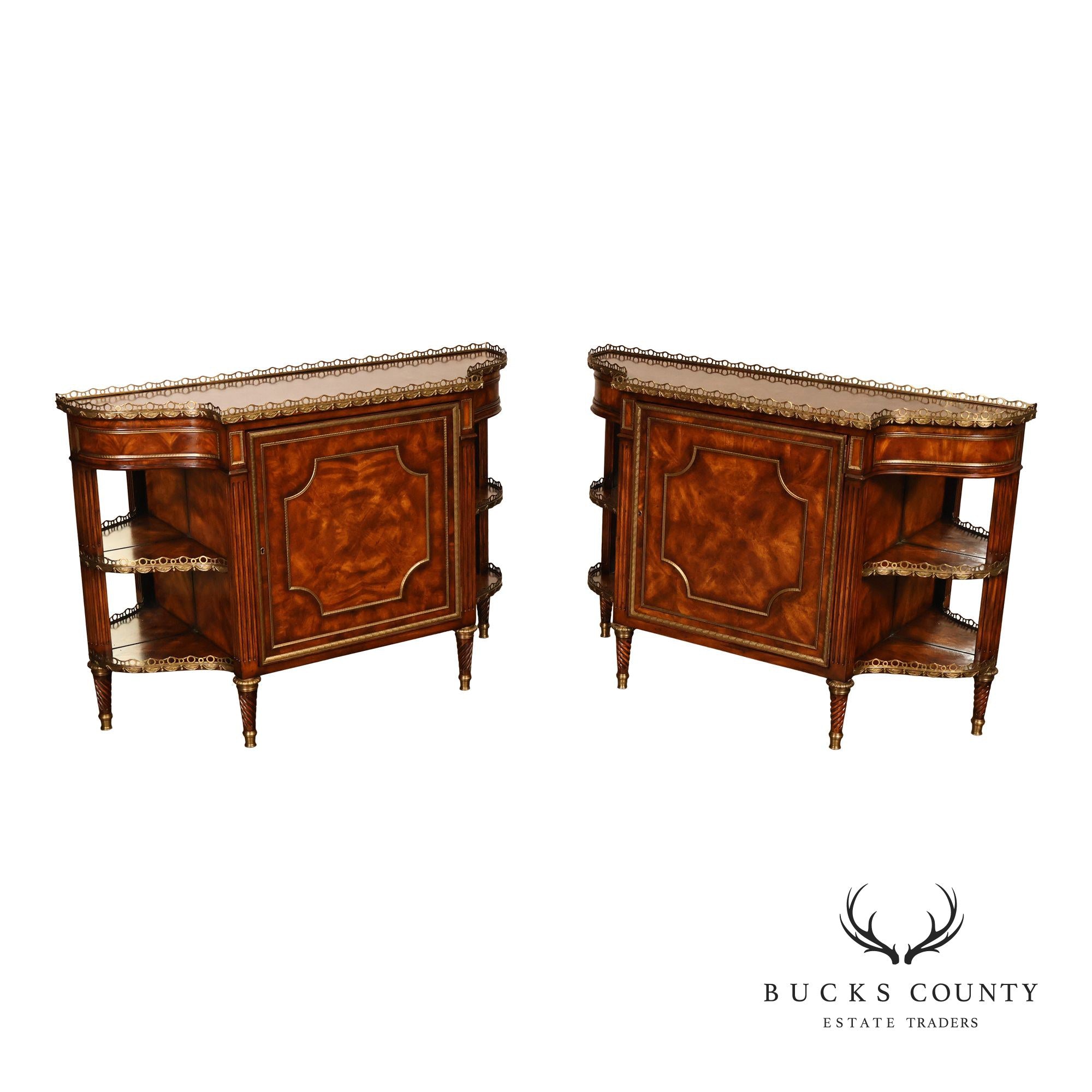 Theodore Alexander French Louis XVI Style Burl Wood Brass Mounted Gallery Top Pair Of Side Cabinets