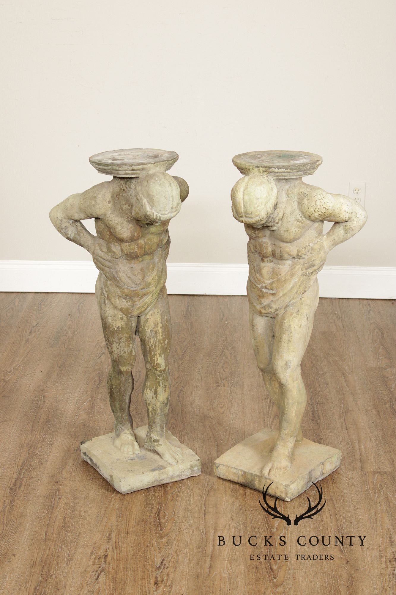 Cast Stone Vintage Pair Of 'Hercules' Figural Garden Statue Pedestals