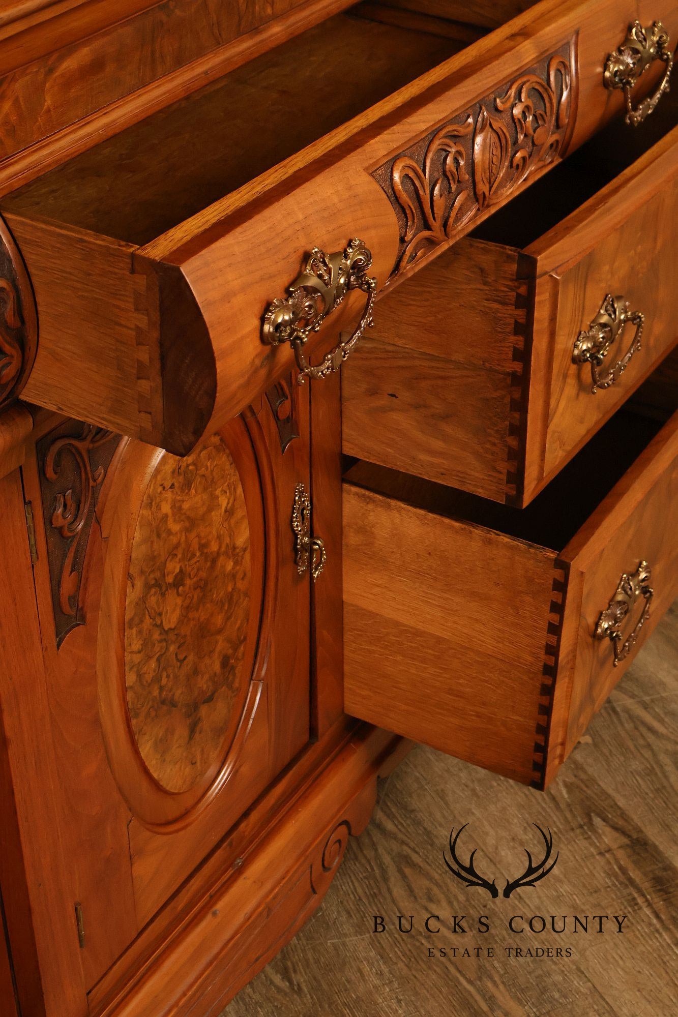 Antique Mirrored Burl Walnut Buffet Sideboard