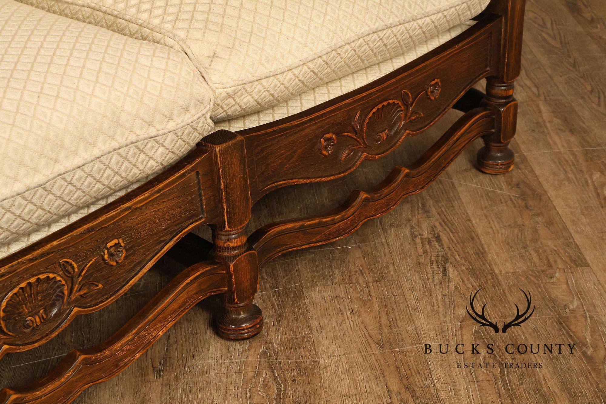 French Country Style Carved Oak Frame Three Seat Sofa