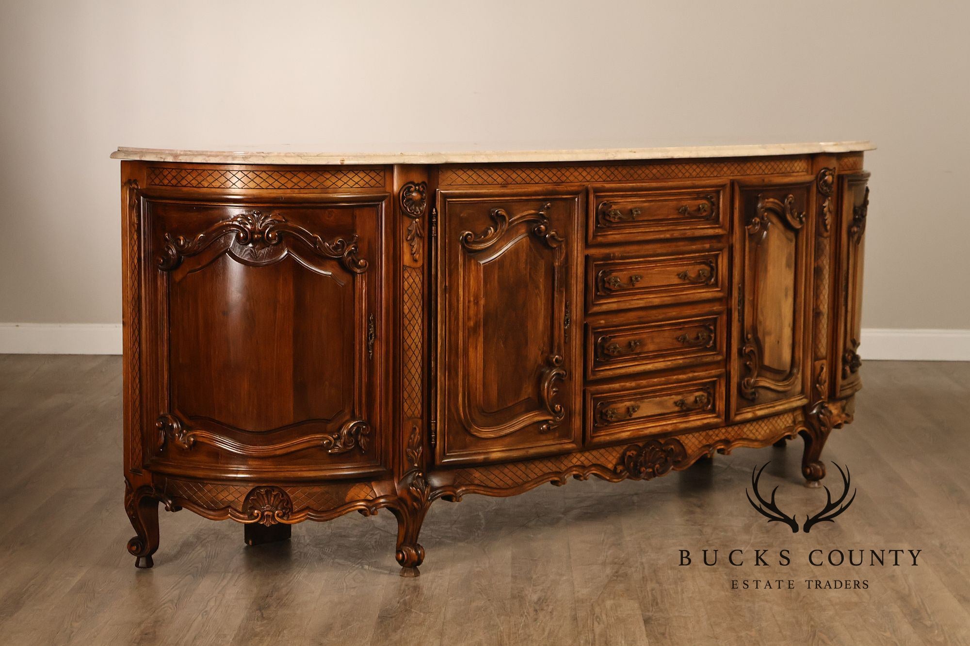 French Louis XV Style 106" Long Marble Top Walnut Sideboard