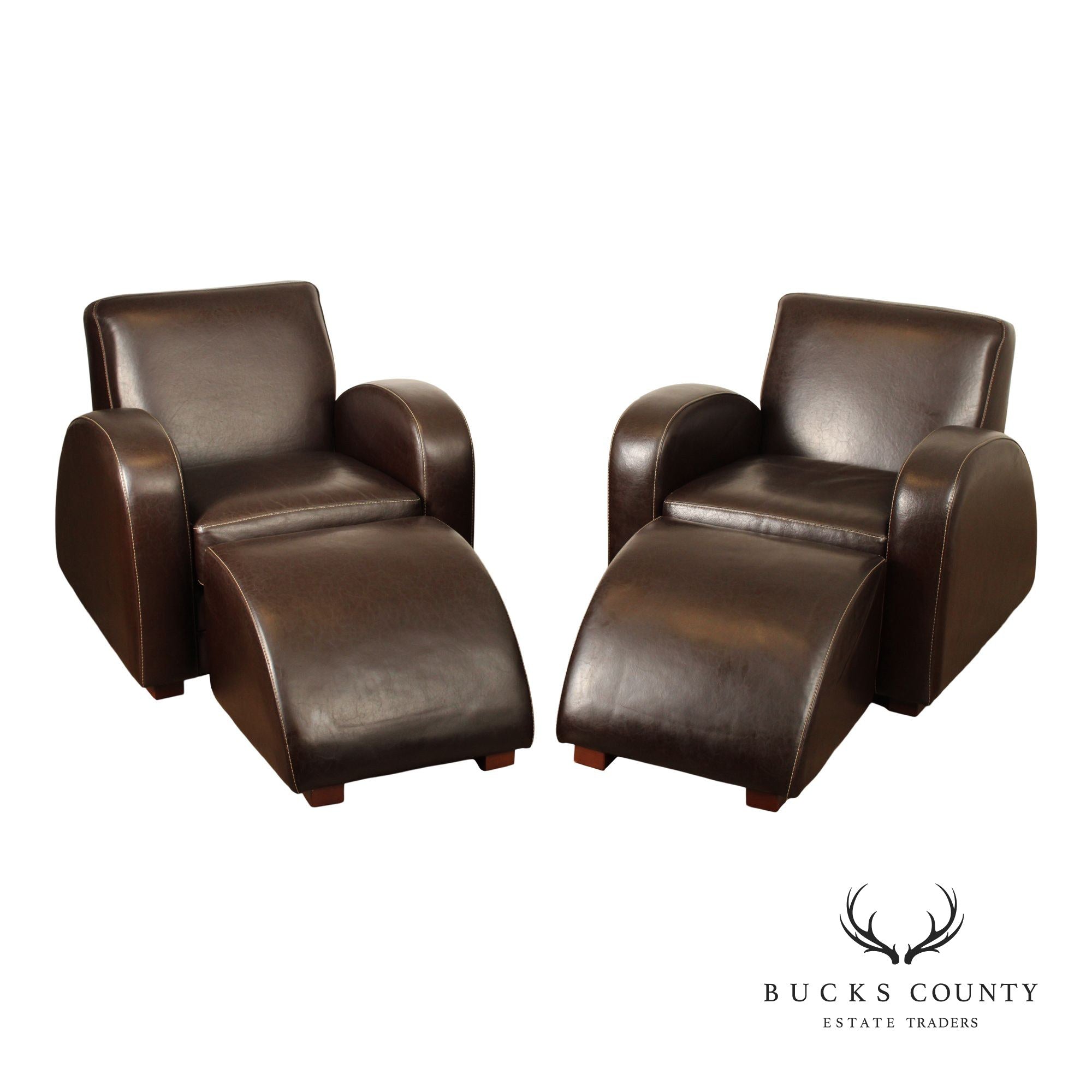 Legacy Art Deco Style Pair of Leather Lounge Chairs with Ottomans