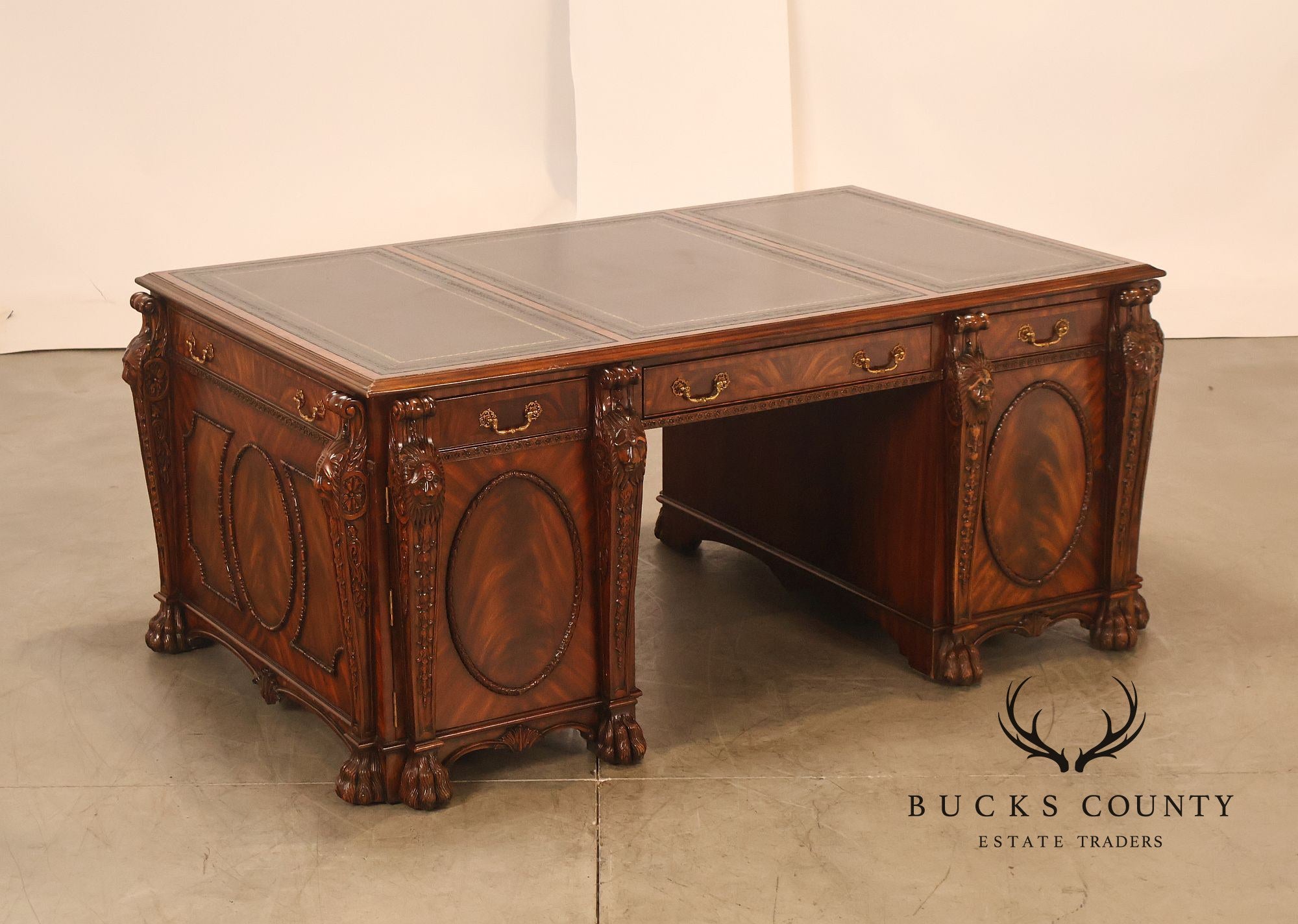 Maitland-Smith Carved Mahogany Leather Top Executive Partner's Desk