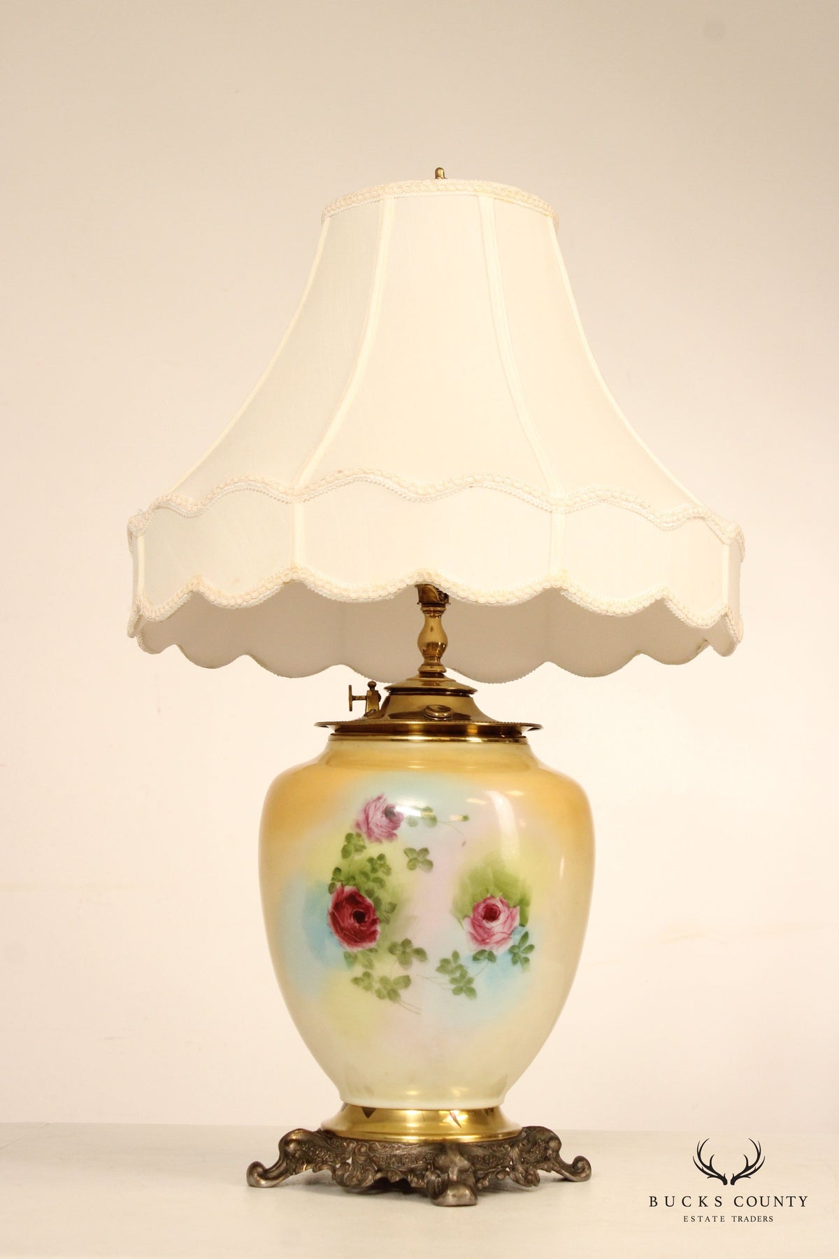 French Style Painted Porcelain and Brass Table Lamp