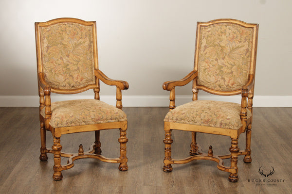 French Louis XIV Style Pair of Carved Frame Fauteuil Armchairs