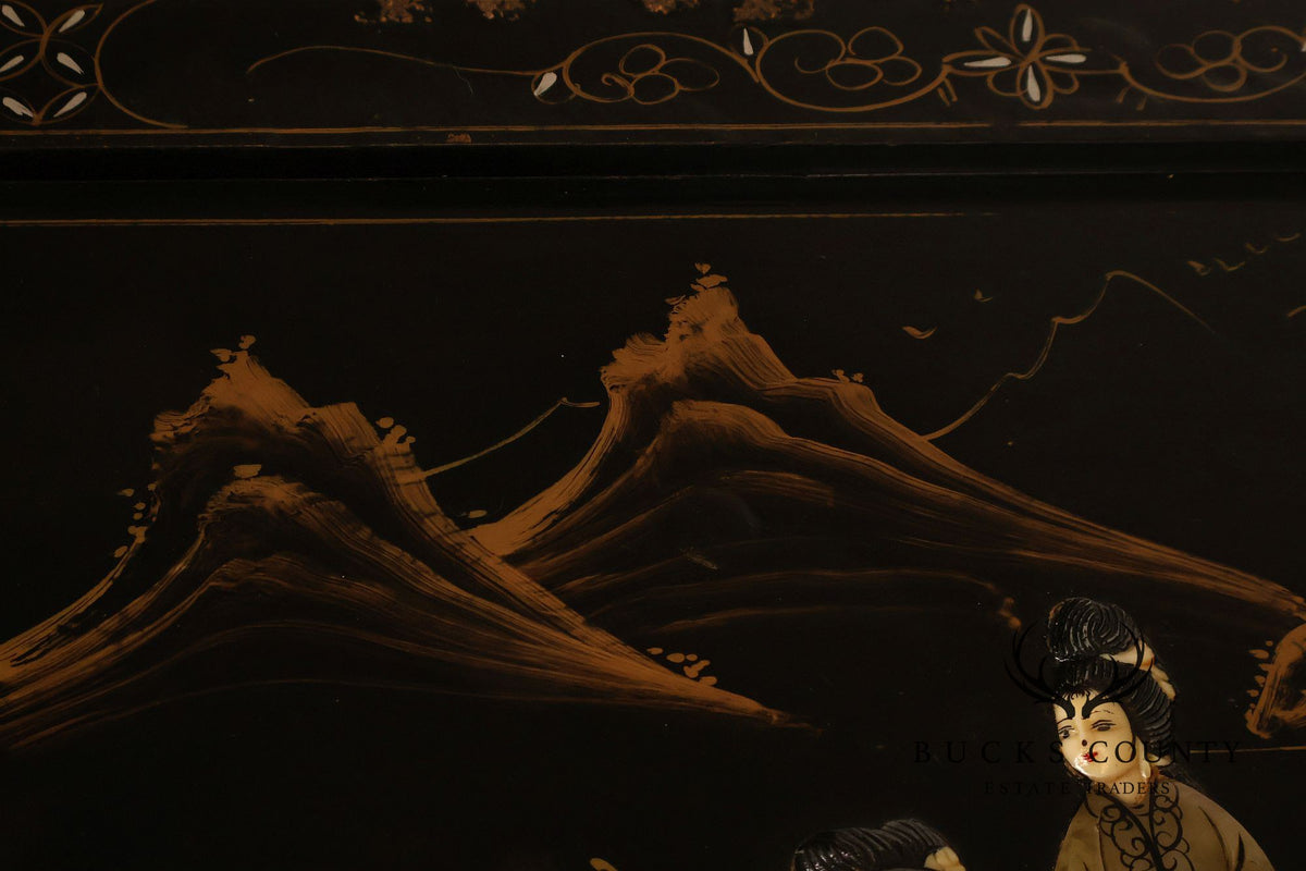 Asian Inspired Black Lacquer Coffee Table With Figural Inlay