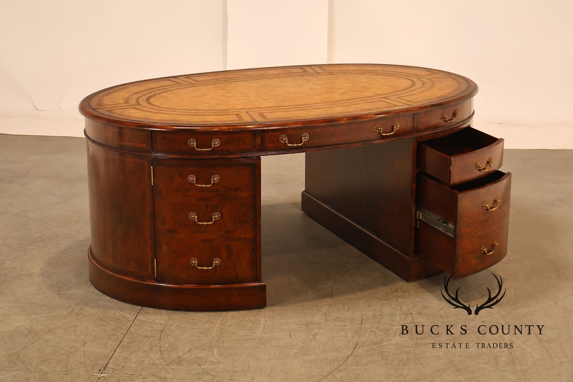 Maitland-Smith Oval Burl Wood Leather Top Partner Desk with Brass Hardware