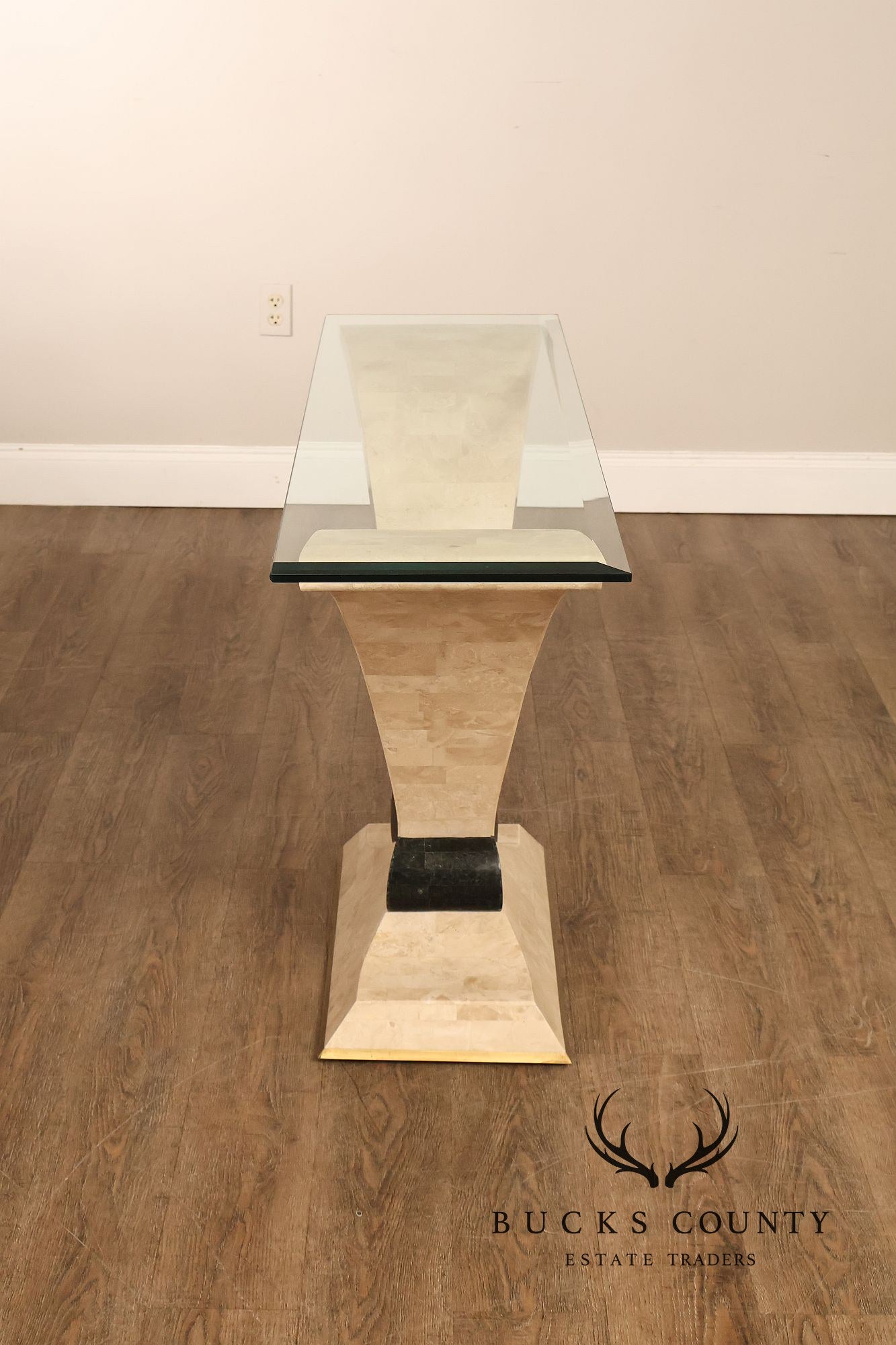 Postmodern Glass Top Travertine Console Table