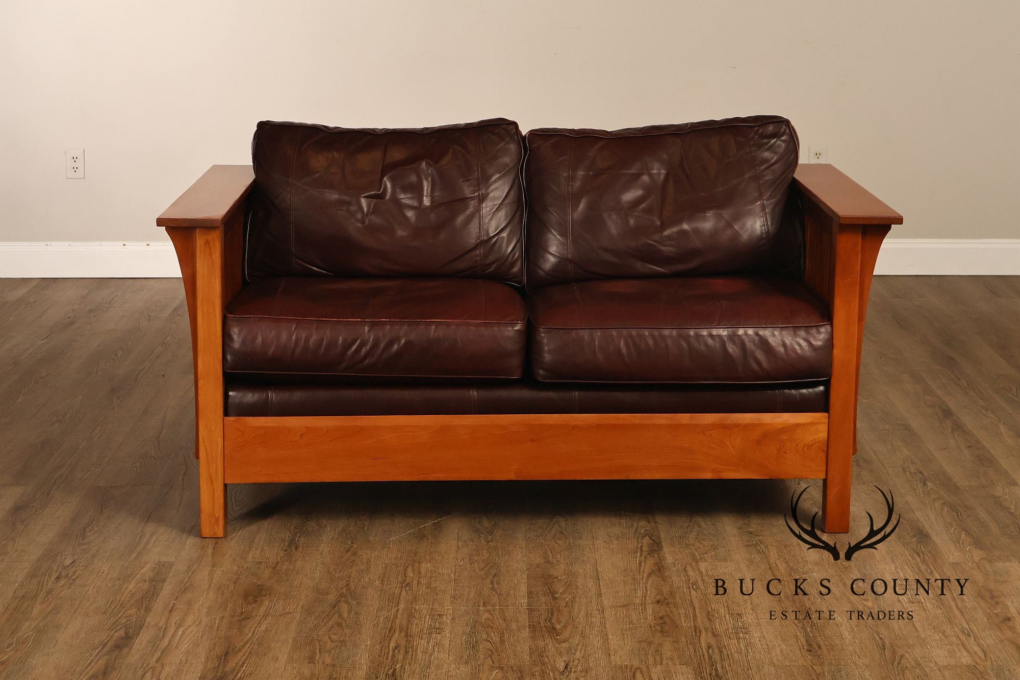 Stickley Mission Collection Cherry Wood Spindle Frame Leather Loveseat