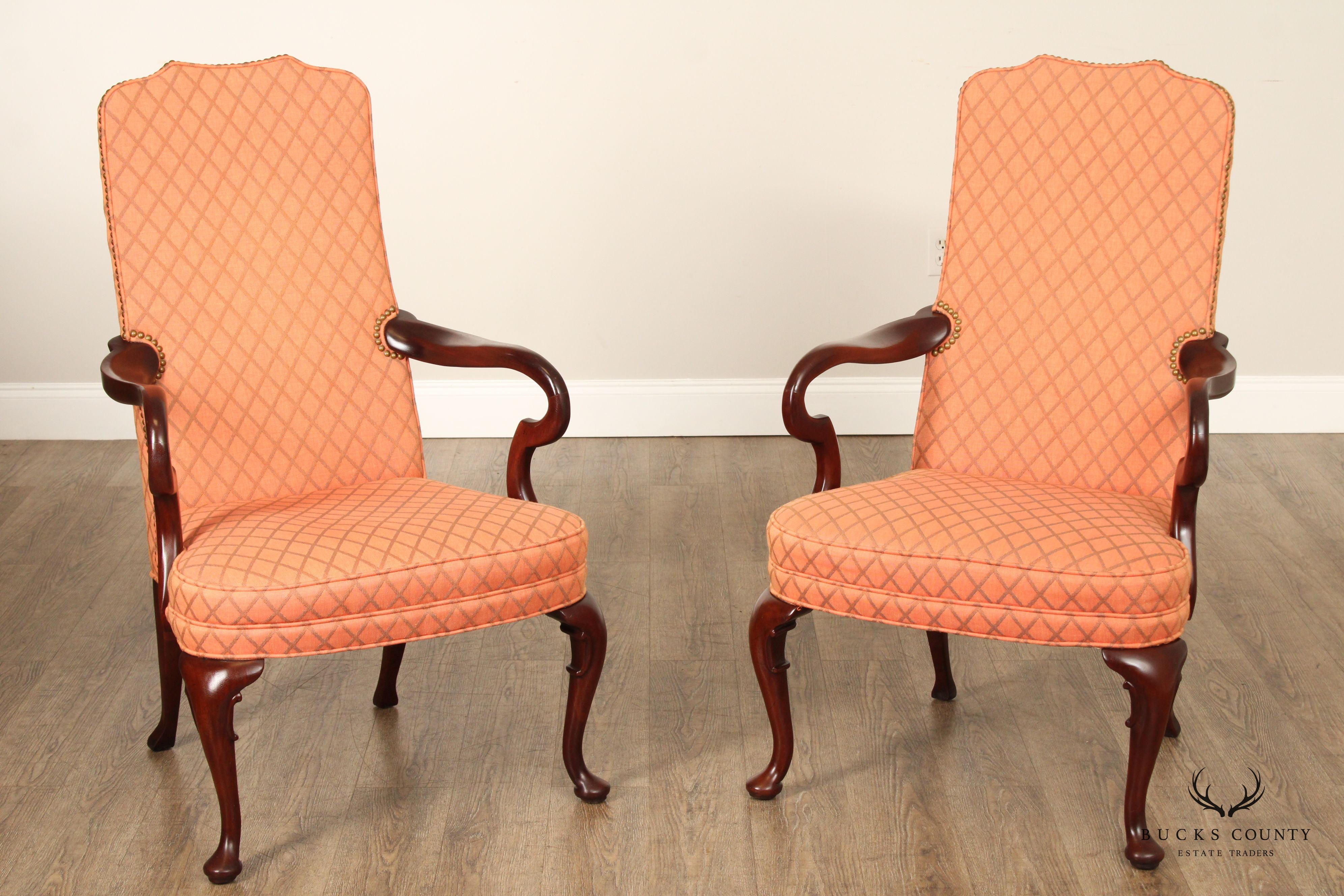 Hickory Chair Queen Anne Style Pair of Mahogany Armchairs