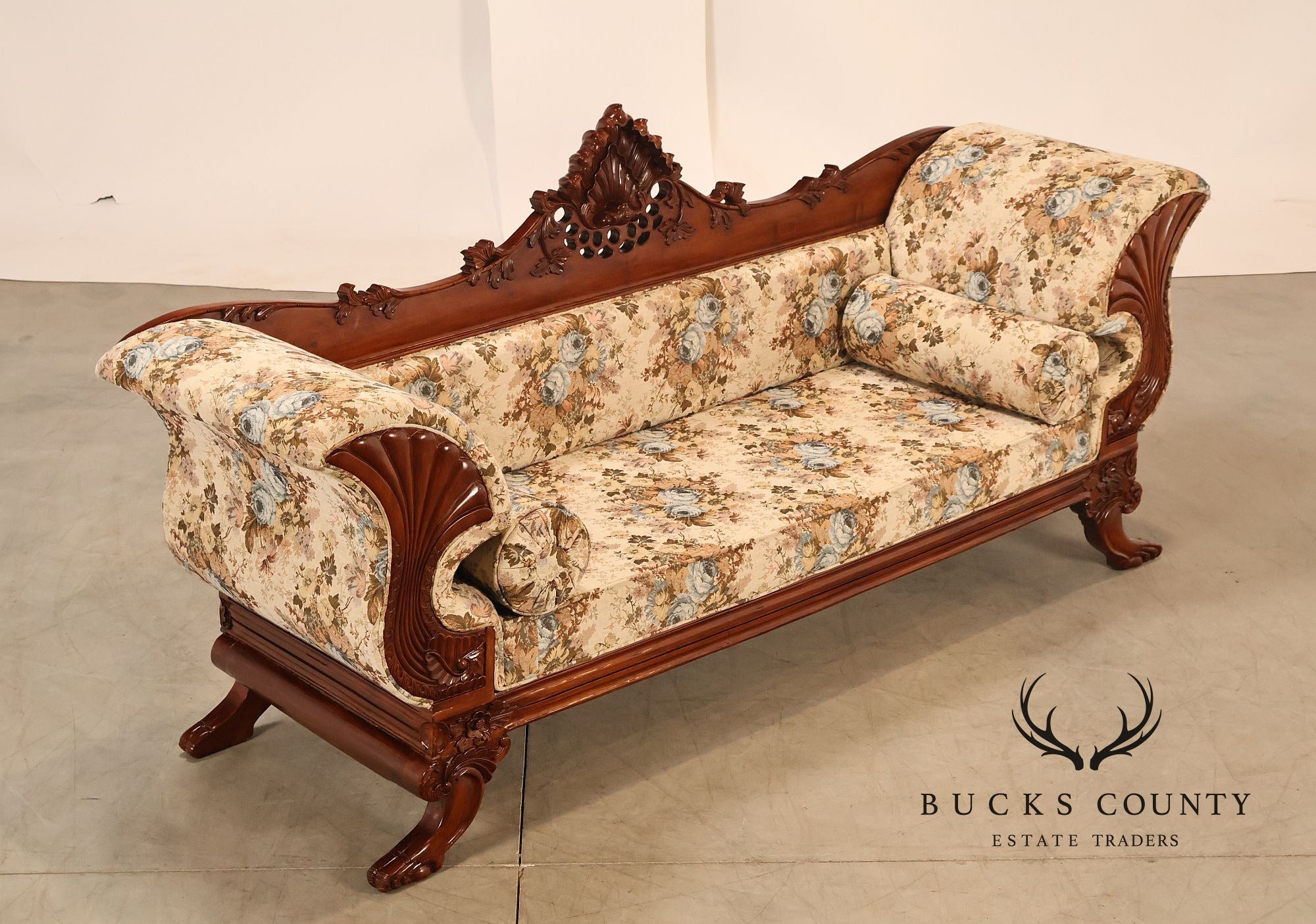 Victorian Style Carved Floral Upholstered Sofa