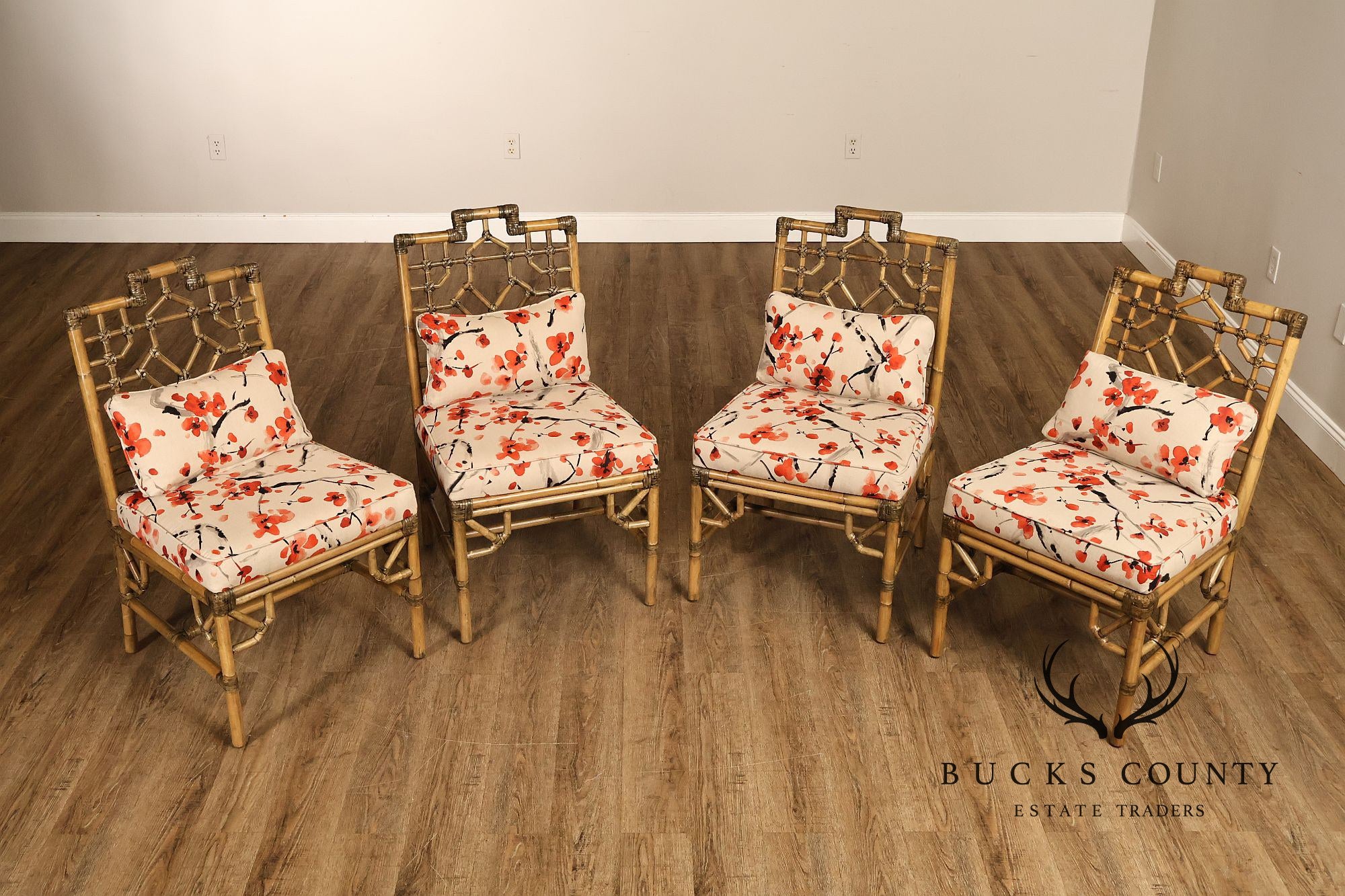 Chinese Chippendale Style Set Of Four Rattan Bamboo Dining Chairs