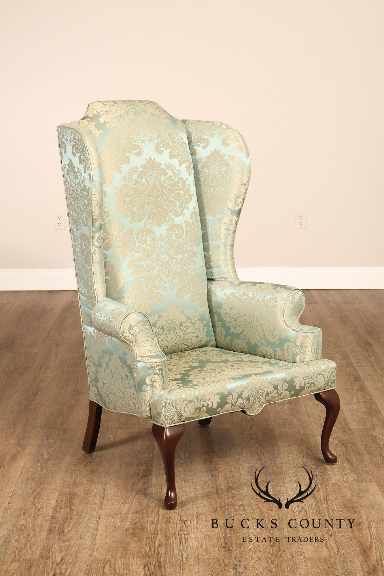 Quality Vintage Pair Of High Back Damask Upholstered Wing Chairs