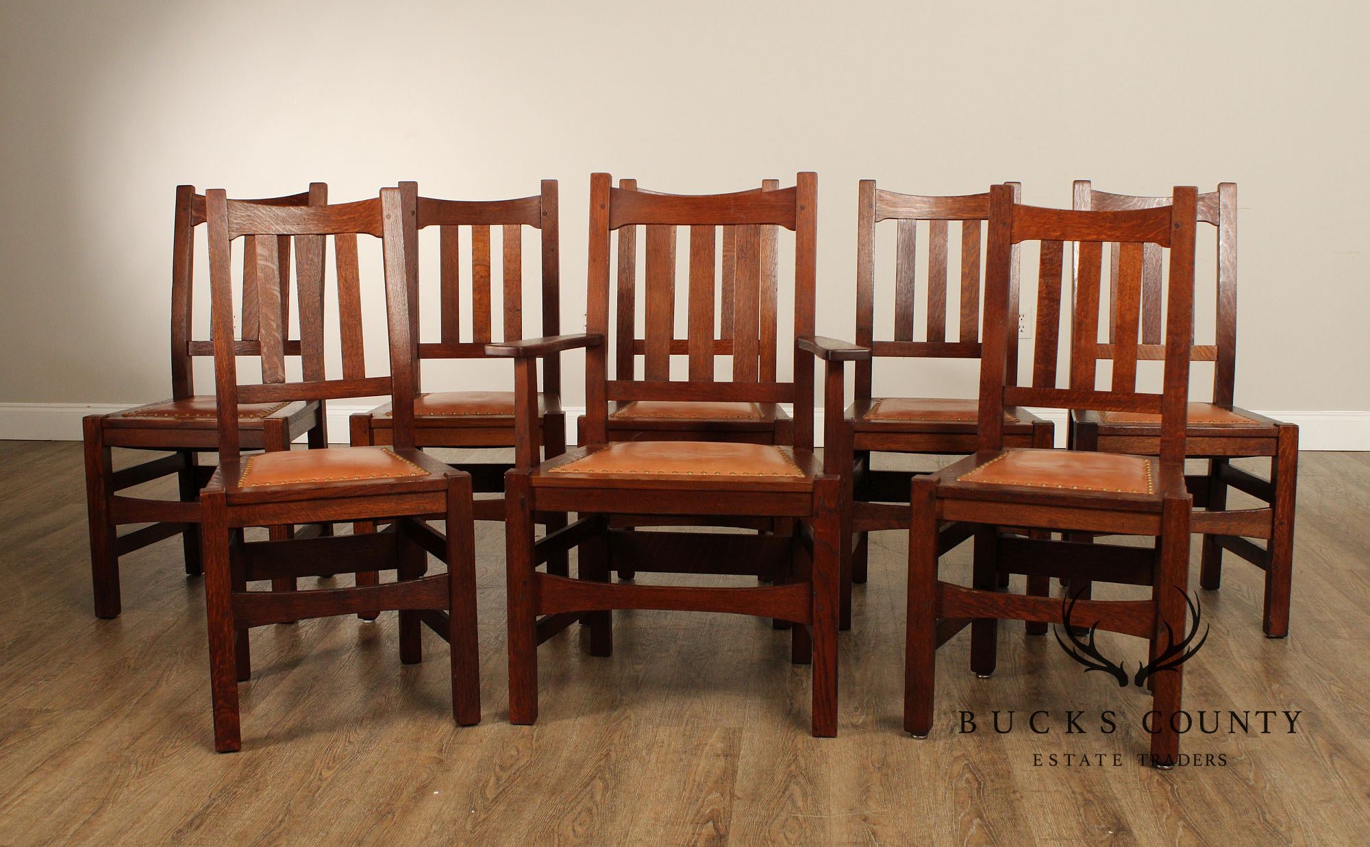 Stickley Brothers Set of Eight Mission Oak and Leather Dining Chairs