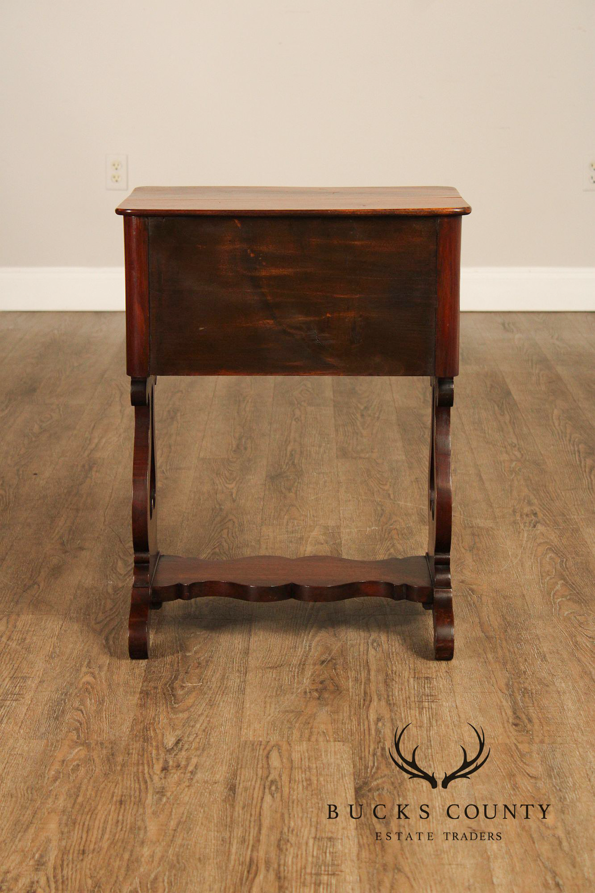Antique American Empire Mahogany Lyre Form Two-Drawer Work Table