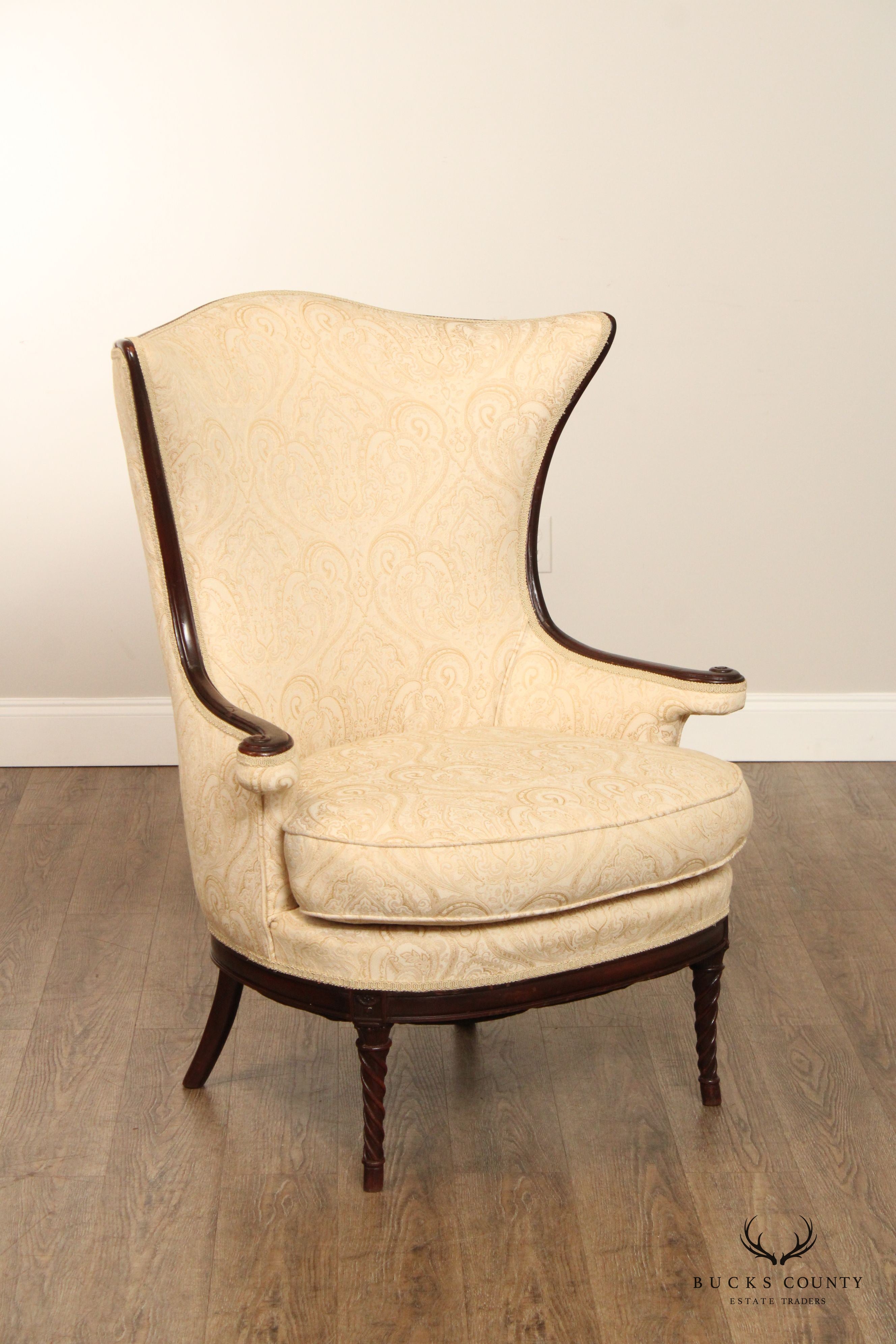 1940's Regency Style Mahogany Frame Damask Wing Chair