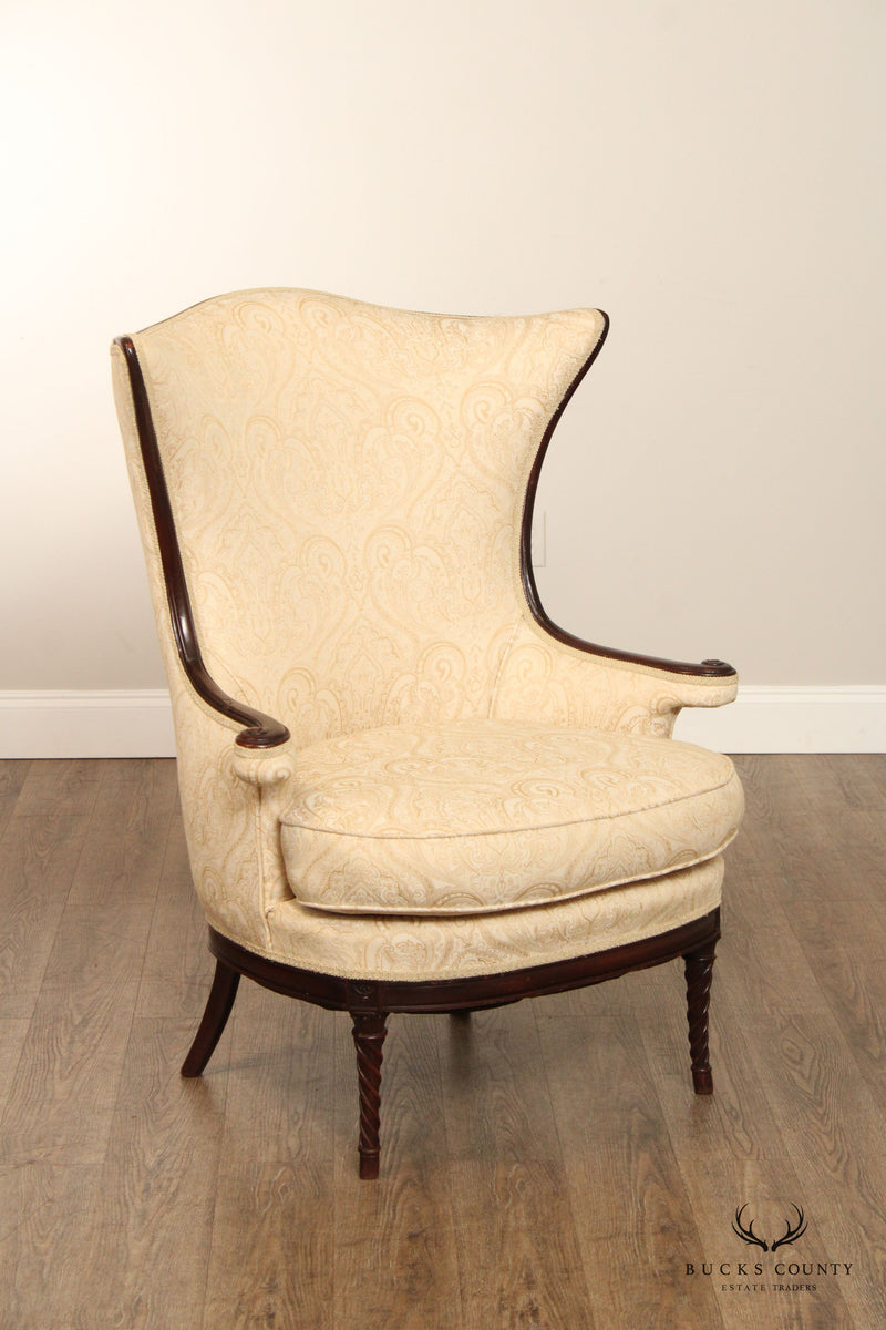 1940's Regency Style Mahogany Frame Damask Wing Chair